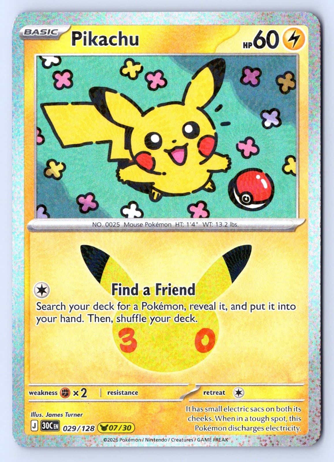 Pikachu 29/128 30th Celebration Holo Pokemon NM