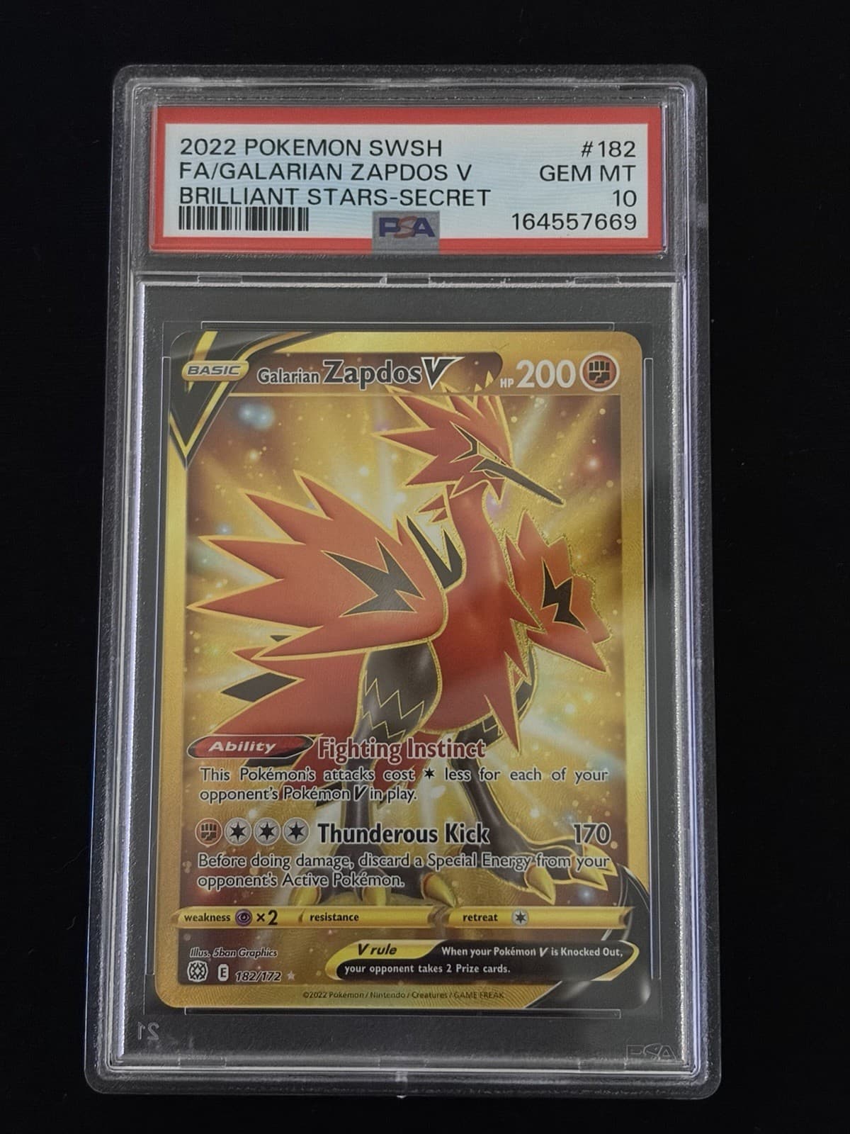 Pokemon Galarian Zapdos V (Secret) 182/172 Swsh09: Brilliant Stars Holo PSA 10
