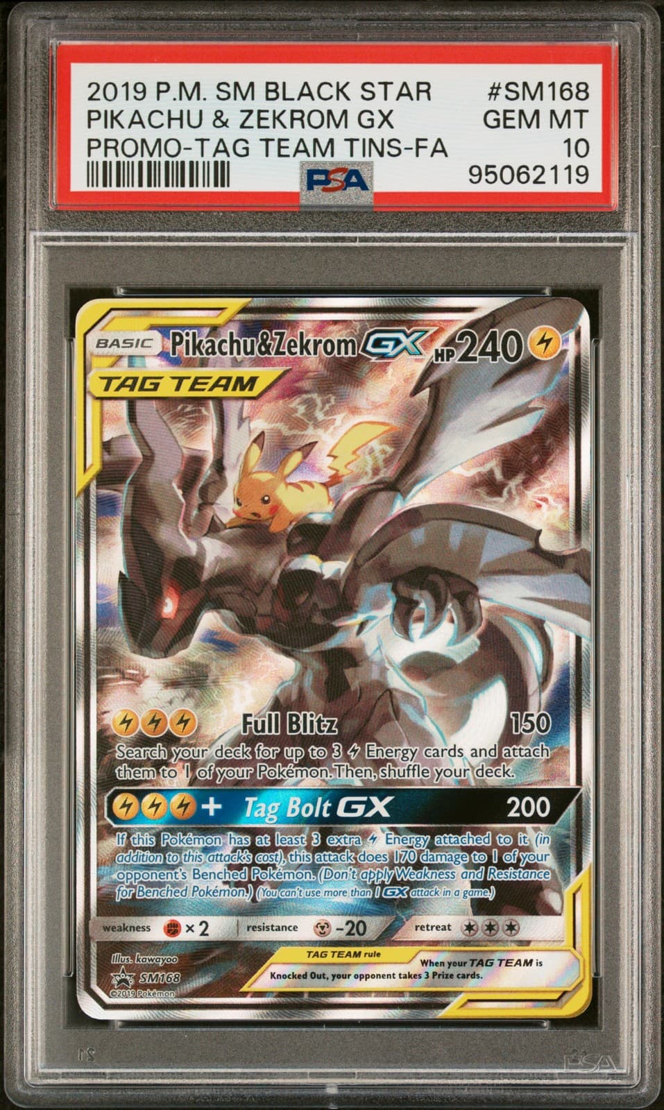 2019 POKEMON SM BLACK STAR PROMO #SM168 FULL ART/PIKACHU & ZEKROM GX PSA 10