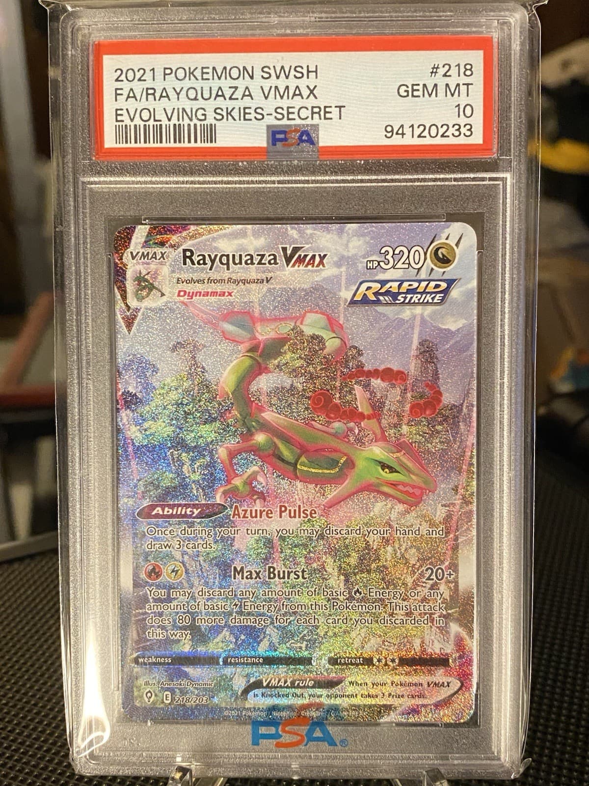Rayquaza VMAX SWSH07 Evolving Skies 218/203 Secret Rare Alt Art Holo PSA 10