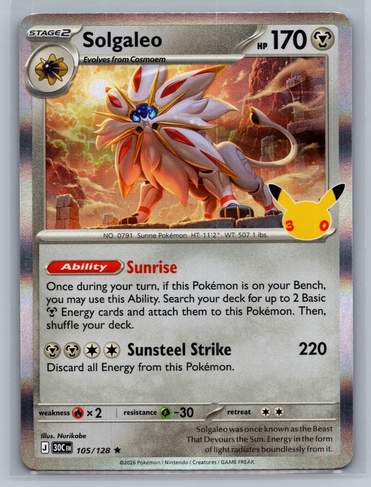 Solgaleo 105/128 30th Celebration Holo Rare Pokemon TCG NM