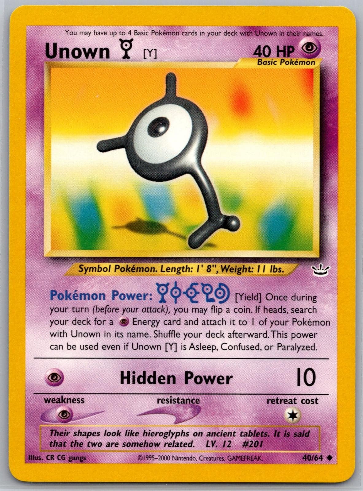 Unown [Y] 40/64 Uncommon Neo Revelation Pokemon Unlimited Near Mint