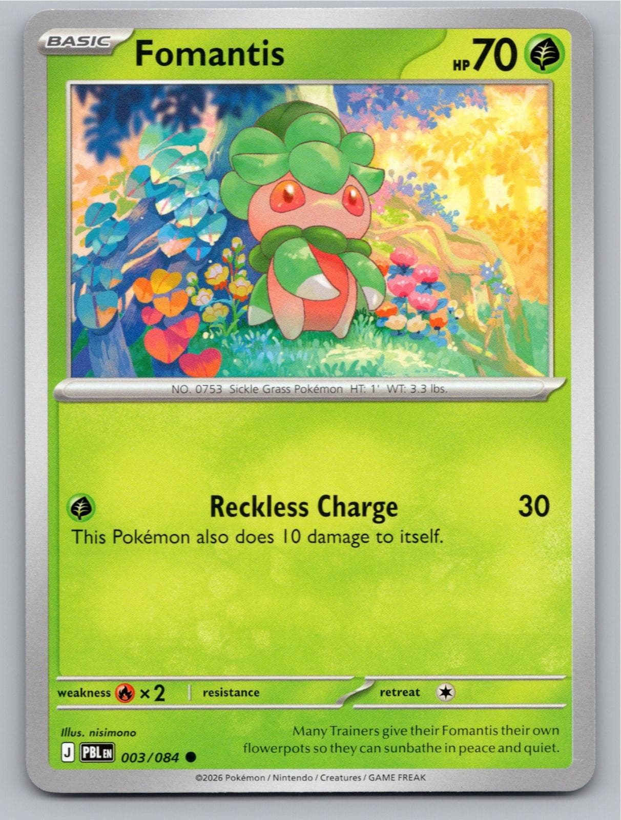 2026 POKEMON FOMANTIS PITCH BLACK 003/084 COMMON NM PB3 FREE S&H