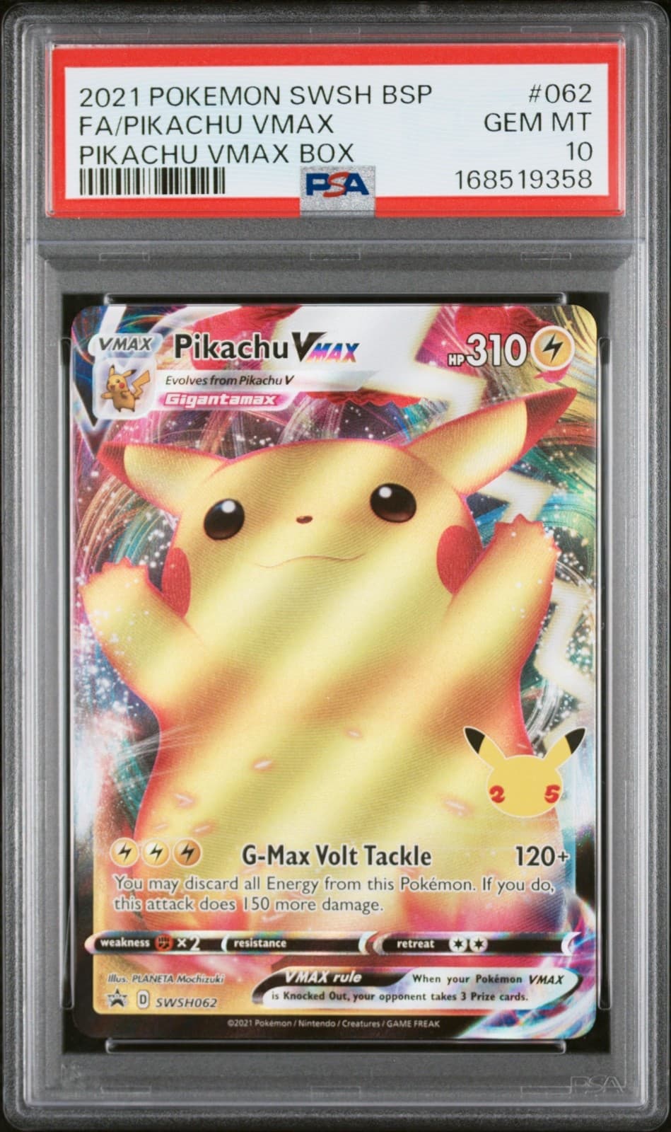 2021 Pokemon PSA 10 Pikachu VMAX 25th Anniversary Black Star Promo Card SWSH062