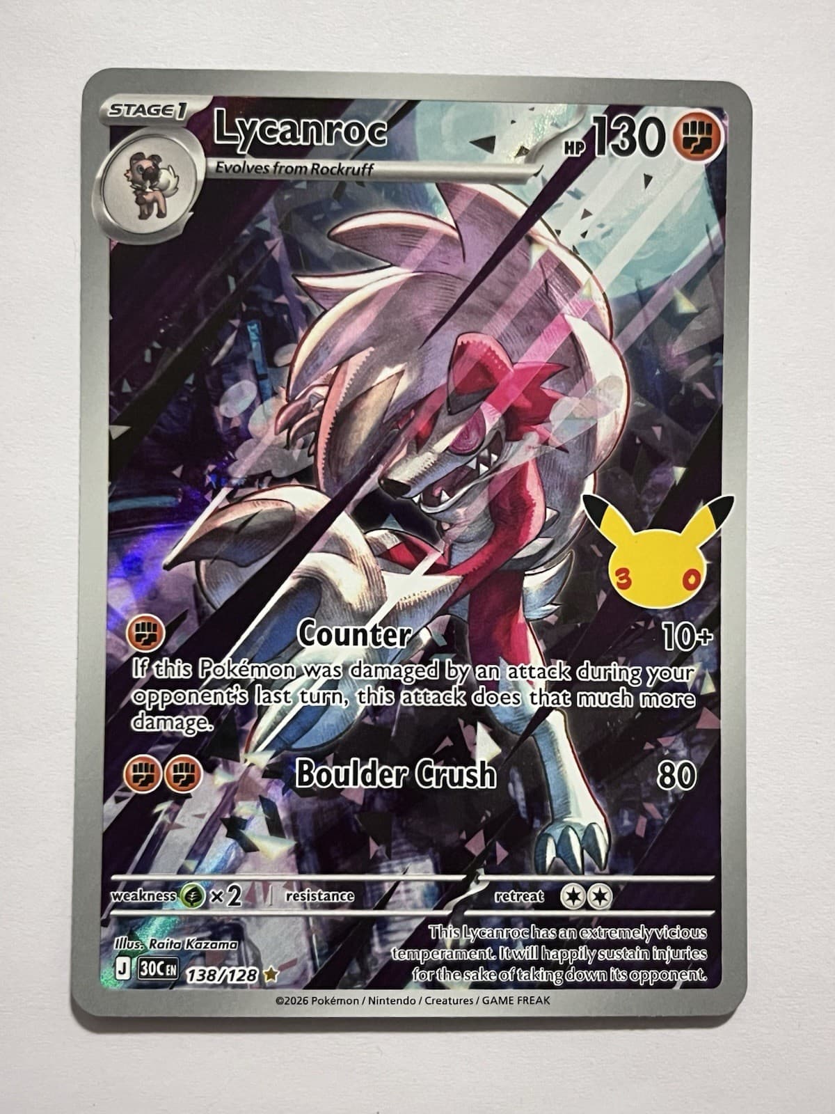 Pokémon Lycanroc 138/128 IR 30th Celebration NM