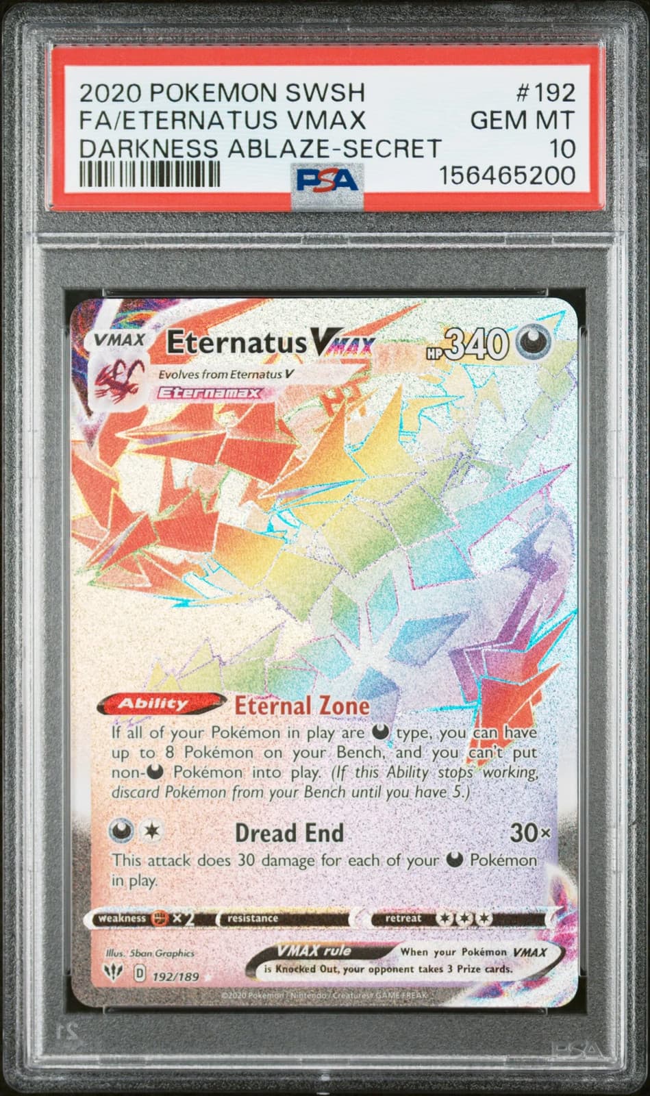 2020 Pokemon Sword & Shield Darkness Ablaze Eternatus VMAX #192 PSA 10
