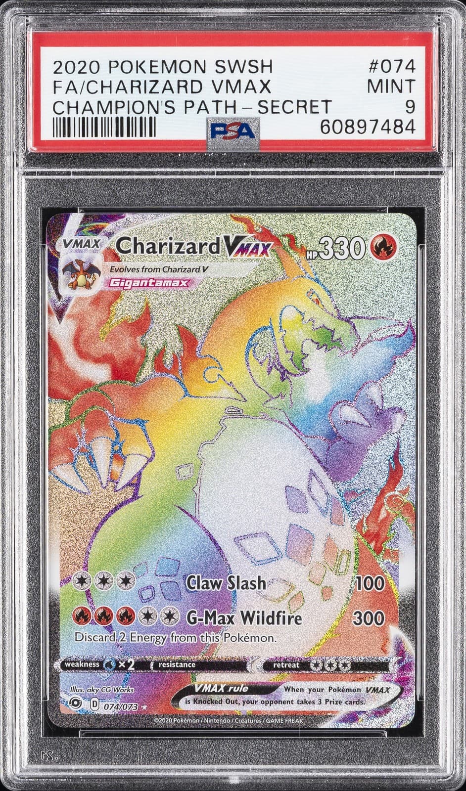 2020 POKEMON SWORD & SHIELD CHAMPION'S PATH SECRET 074/073 CHARIZARD VMAX PSA 9