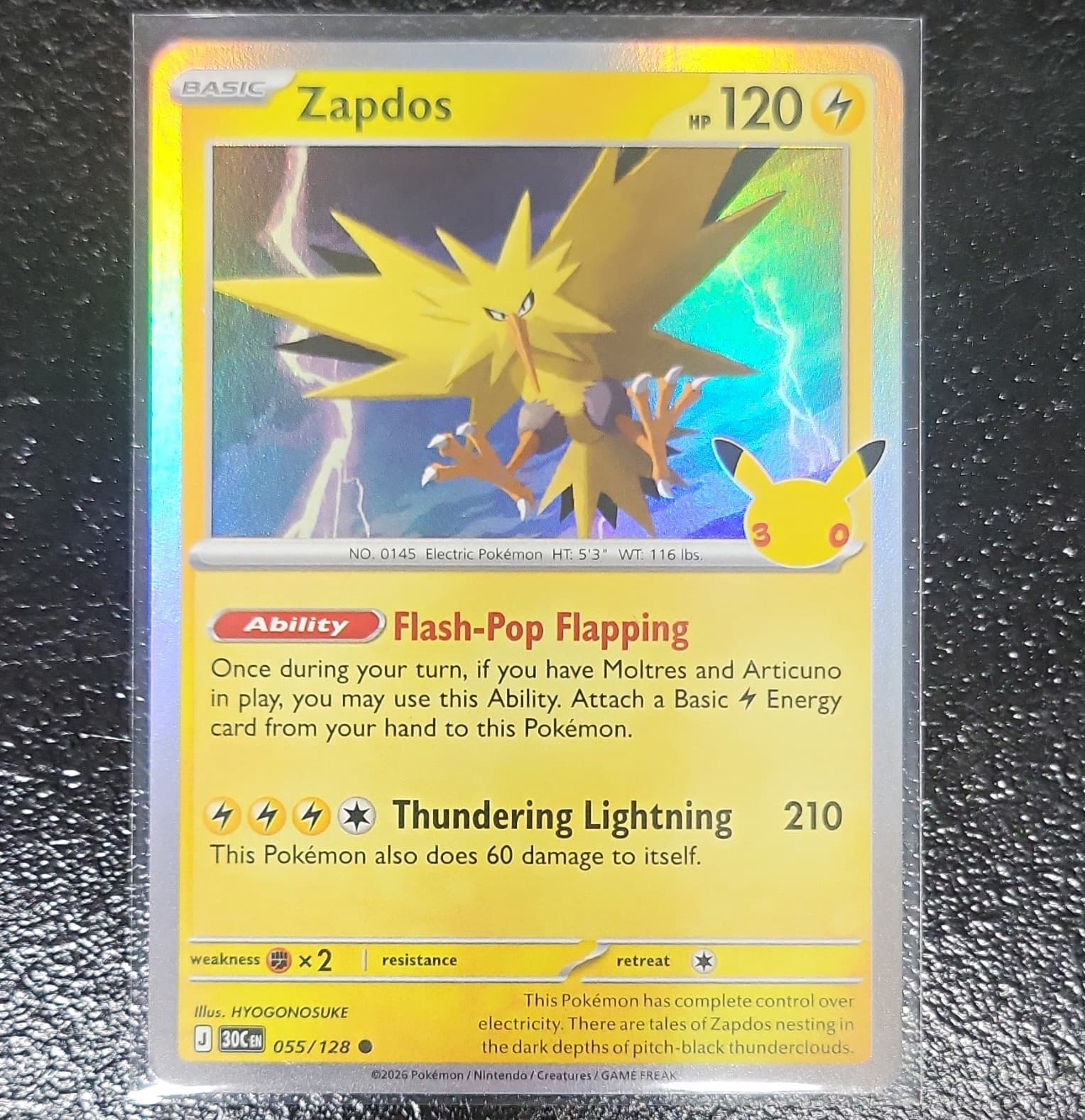 Pokemon TCG Zapdos 55/128 30th Celebration Holi