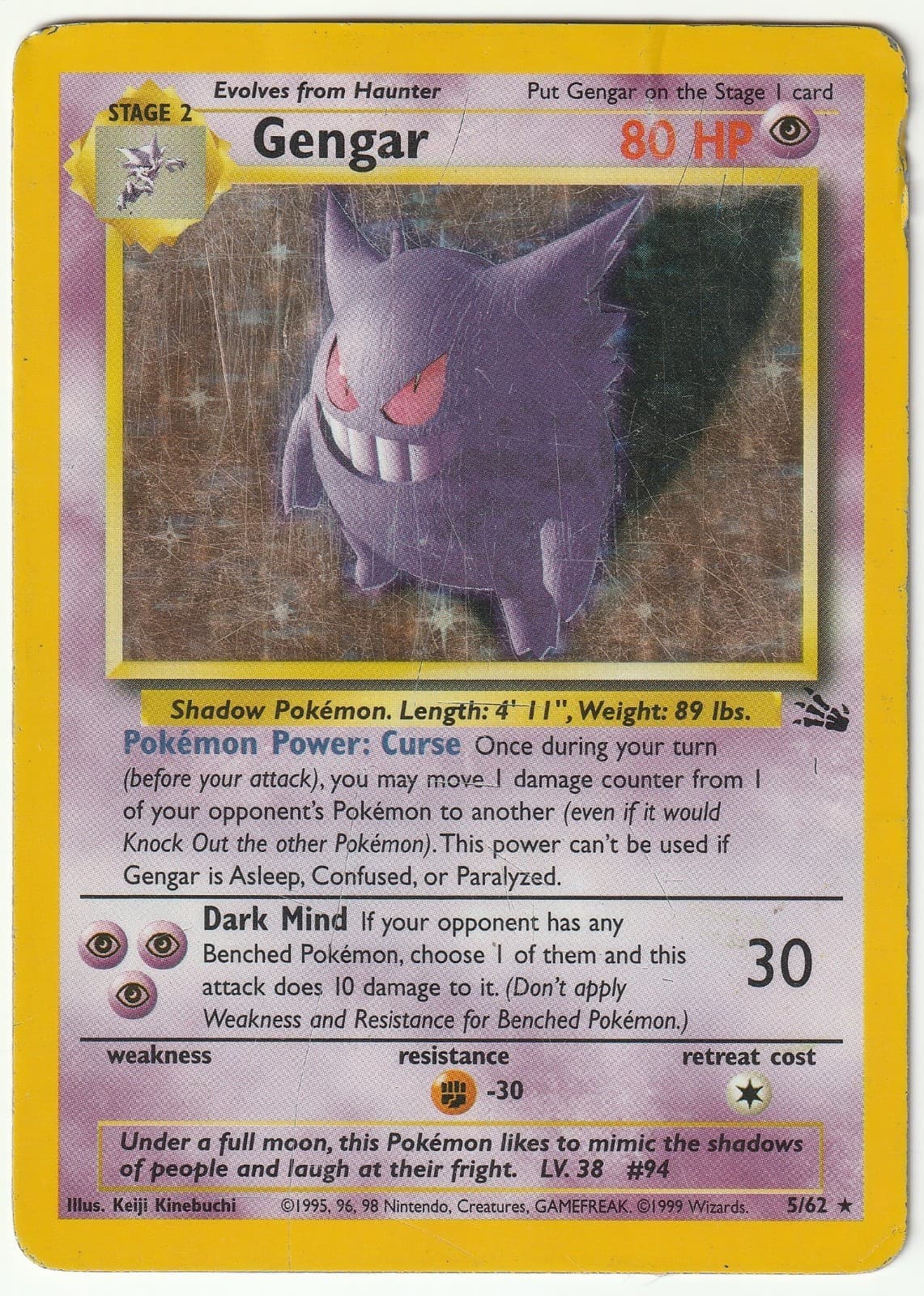 1999 Pokemon Gengar 5/62 Fossil Holo Rare Unlimited HP