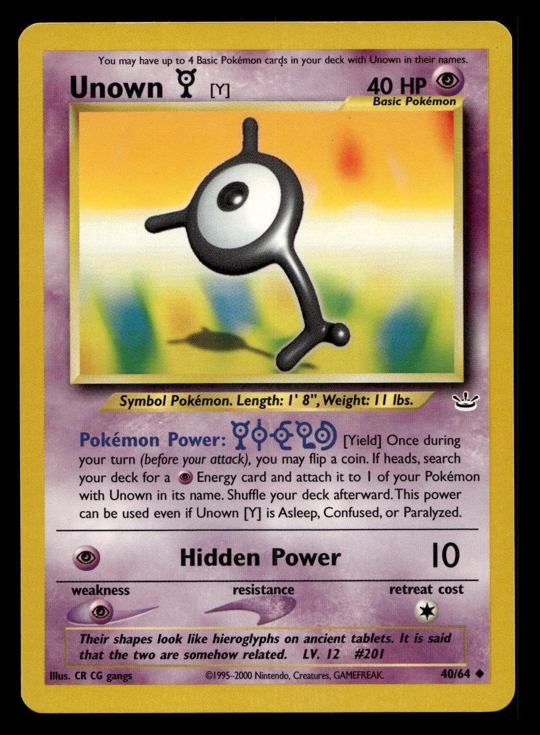UNOWN [Y] 40/64 UNCOMMON NEO REVELATION POKEMON LIGHTLY PLAYED