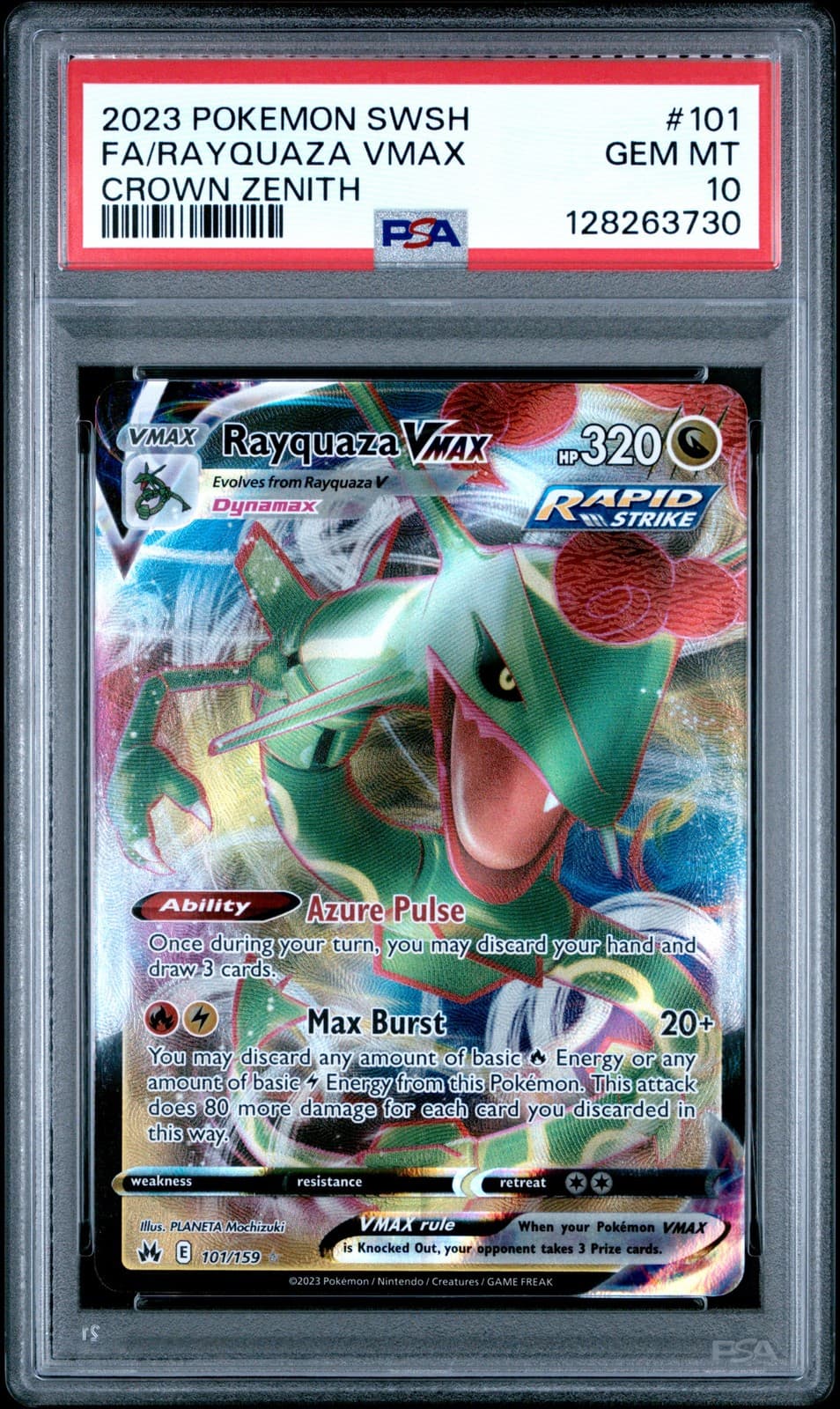 2023 POKEMON SWORD & SHIELD CROWN ZENITH #101 FULL ART/RAYQUAZA VMAX PSA 10
