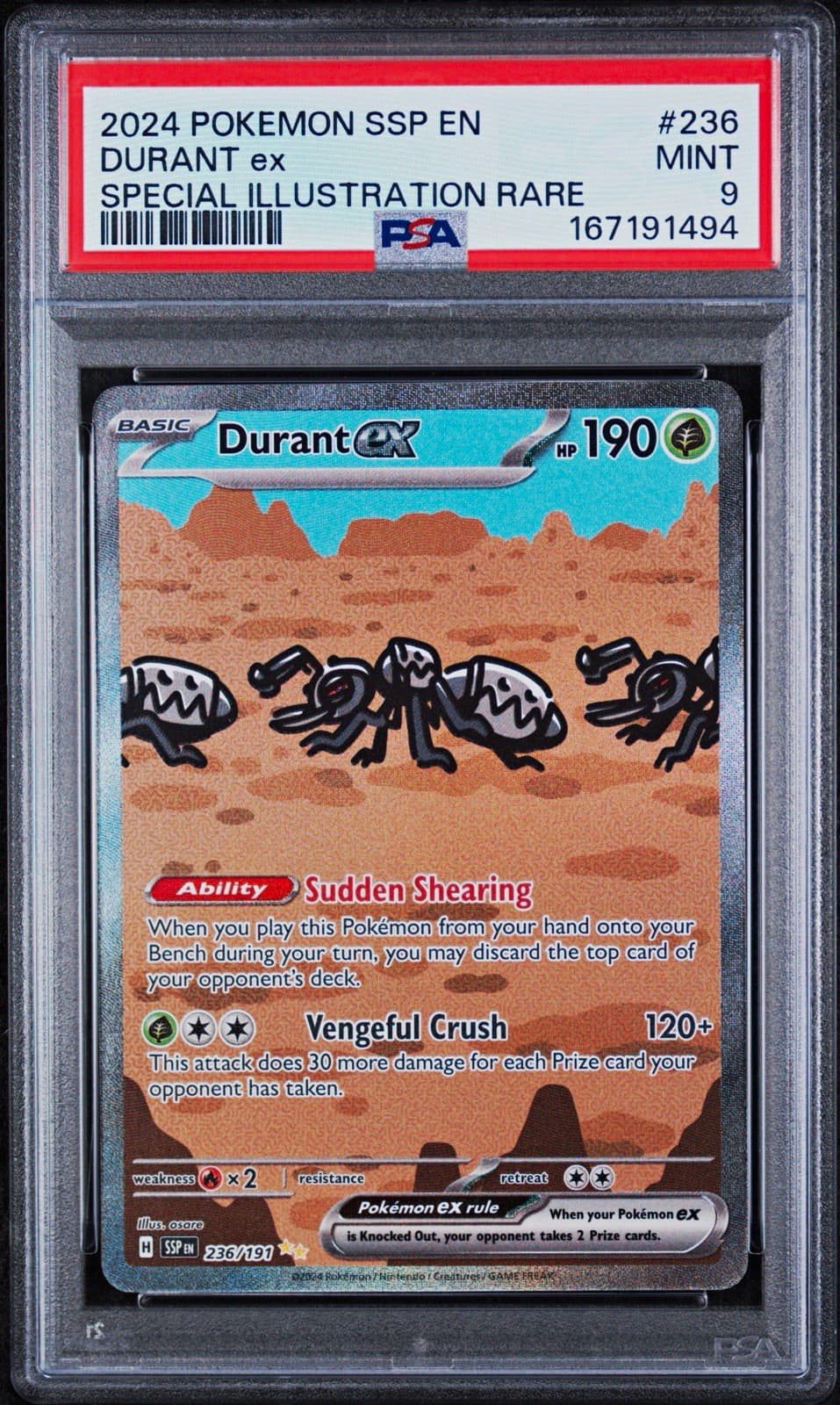 Pokemon TCG 2024 SV08 Surging Sparks Durant ex #236/191 SIR Holo PSA 9