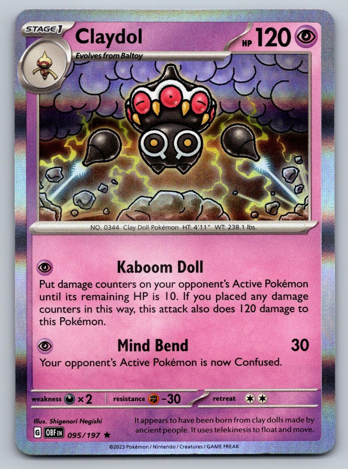 Claydol 095/197 Rare Obsidian Flames Pokemon Holo Near Mint