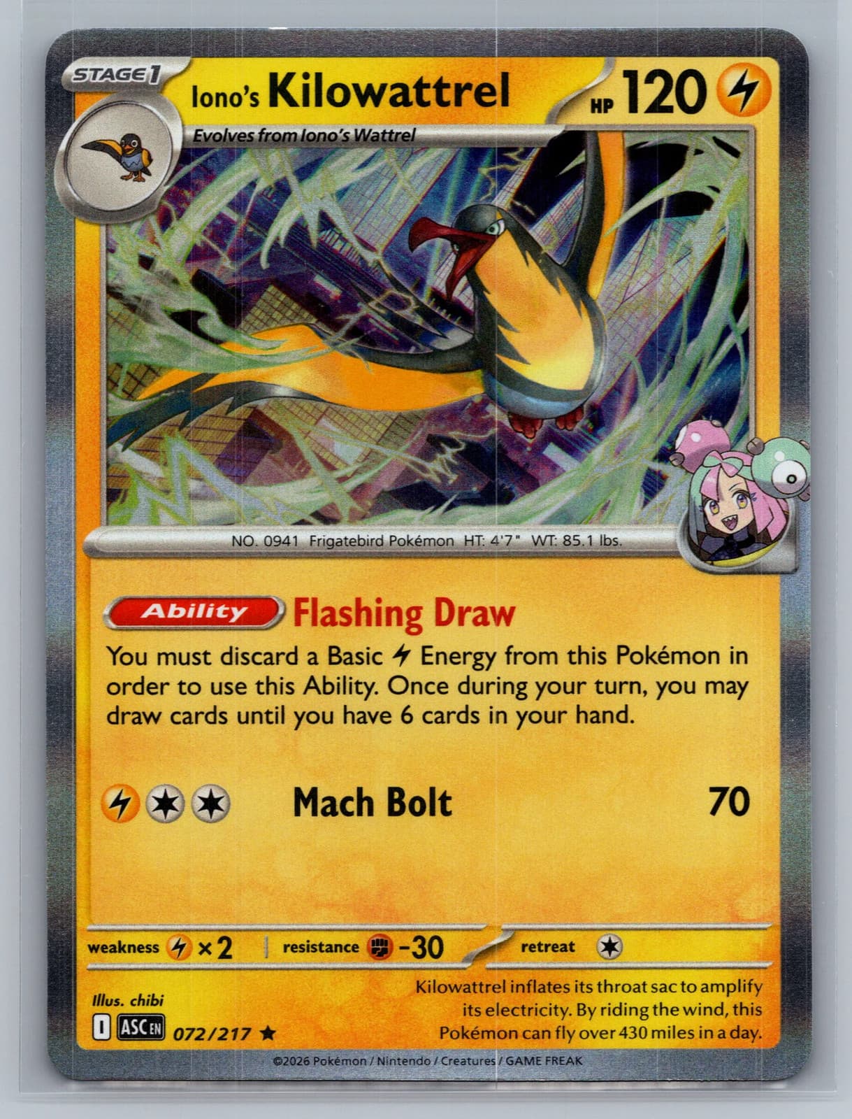 Iono's Kilowattrel 72/217 Ascended Heroes Holo Rare Pokemon TCG NM — photo 1 of 2