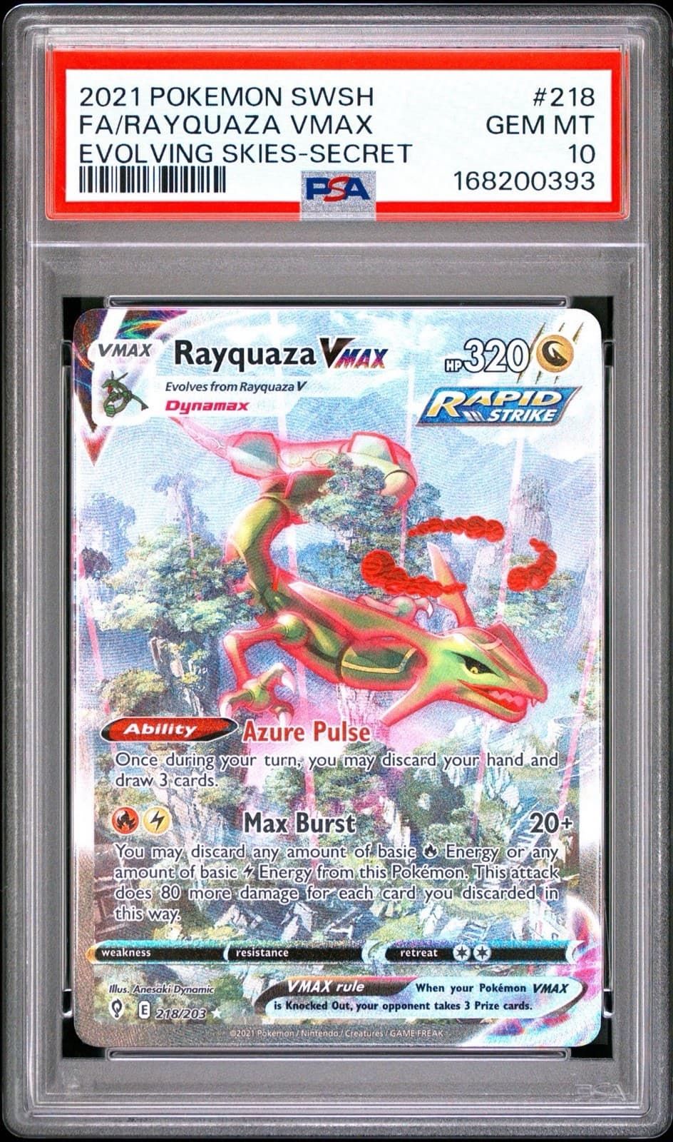 Pokemon 2021 Rayquaza VMAX 218/203 Evolving Skies Alt Art Secret Rare PSA 10