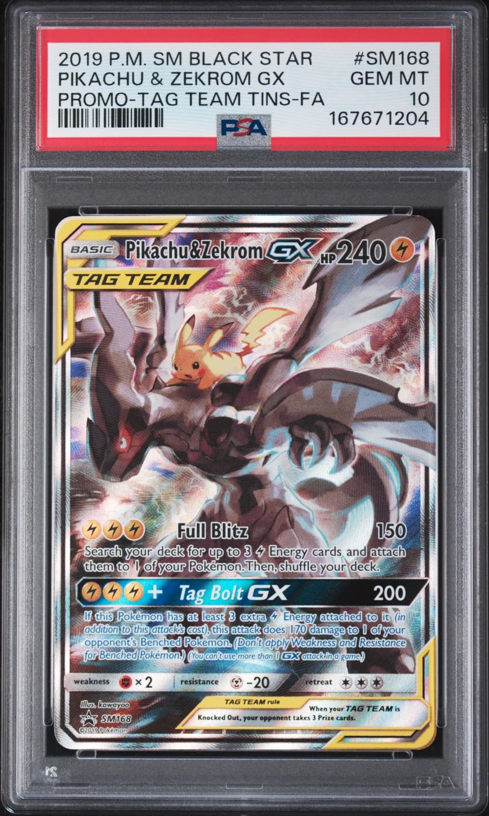 2019 POKEMON SM BLACK STAR PROMO #SM168 FULL ART/PIKACHU & ZEKROM GX PSA 10