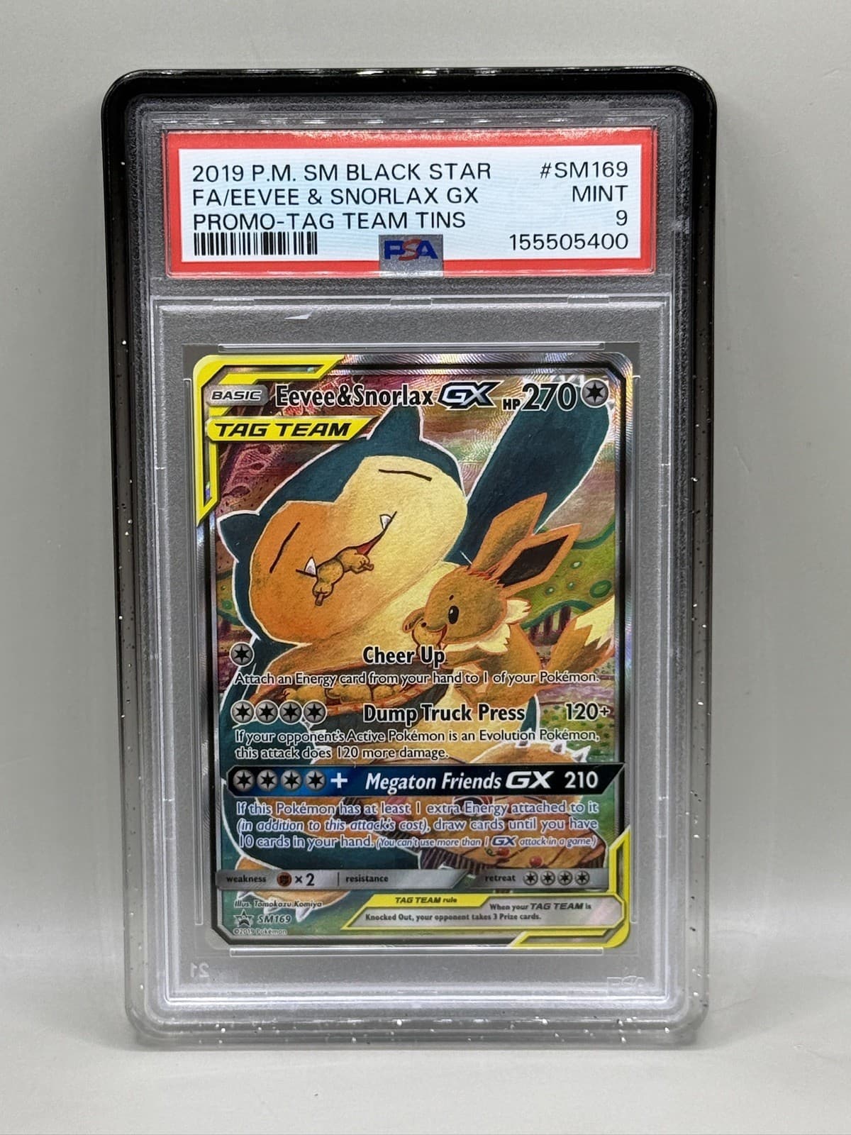 Eevee & Snorlax GX SM169 Holo PSA 9 Sun and Moon Black Star Promo with Guard 