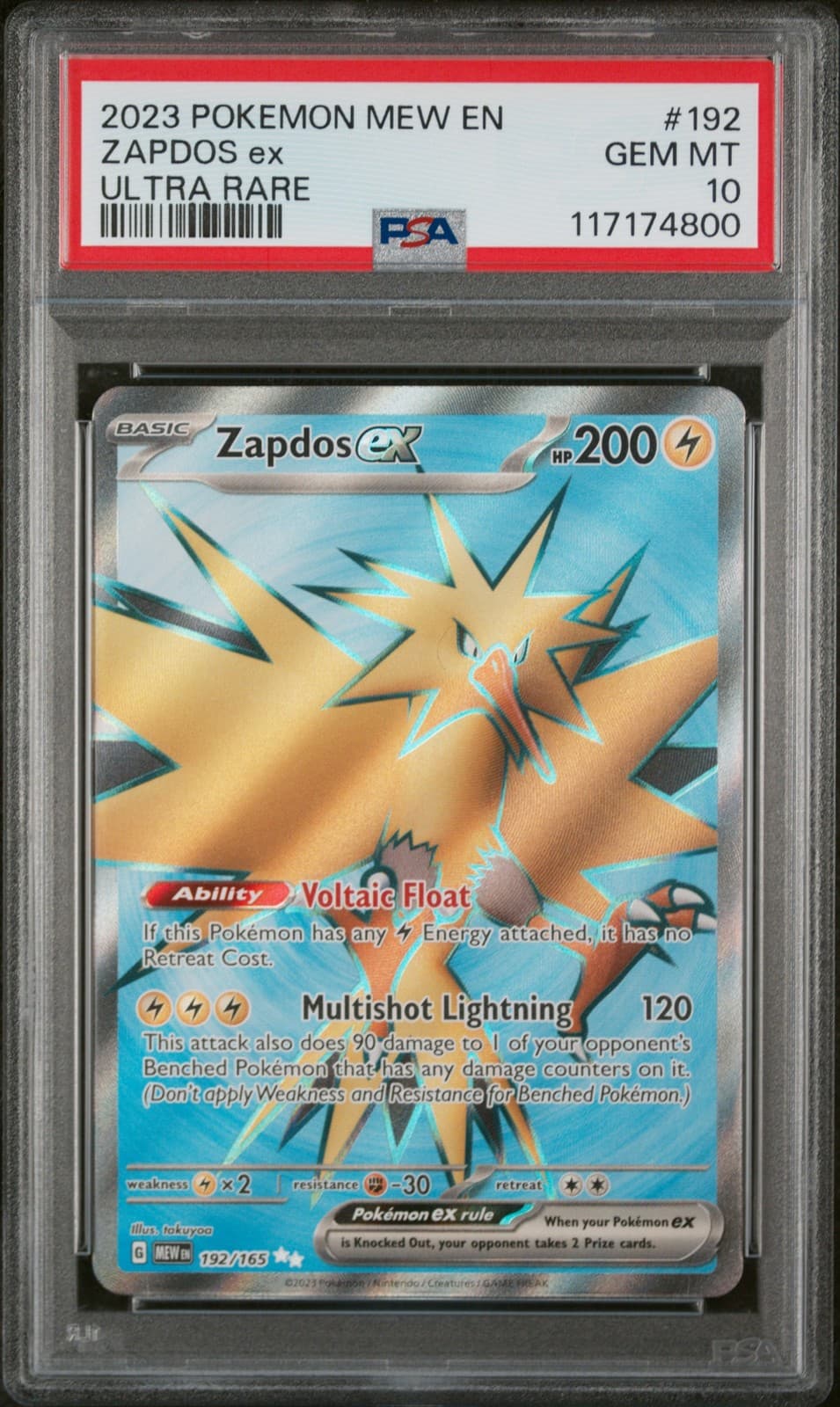 2023 POKEMON MEW EN-151 ULTRA RARE #192 ZAPDOS EX PSA 10