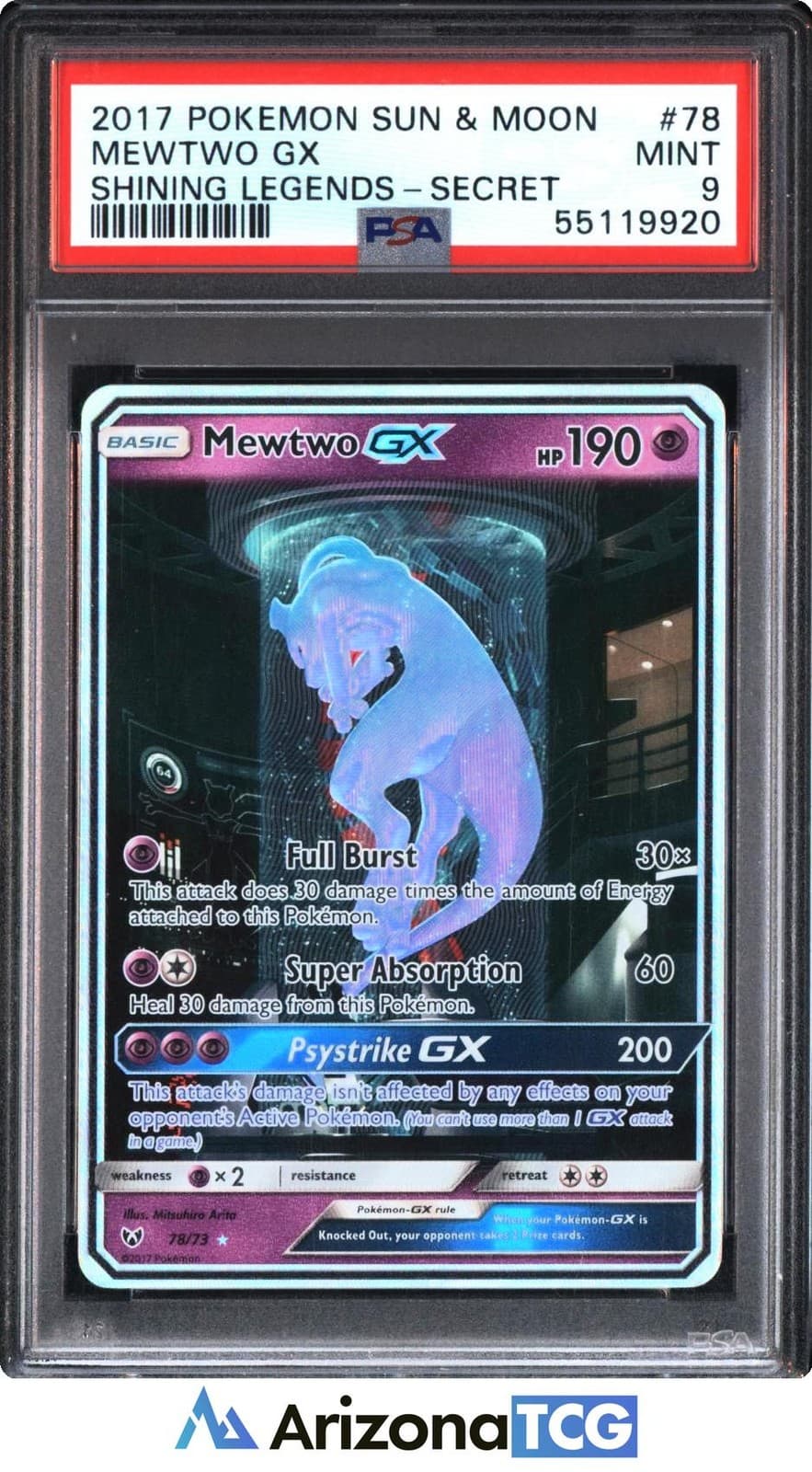 Pokemon 2017 Mewtwo GX 78/73 Rainbow Rare Shining Legends PSA 9
