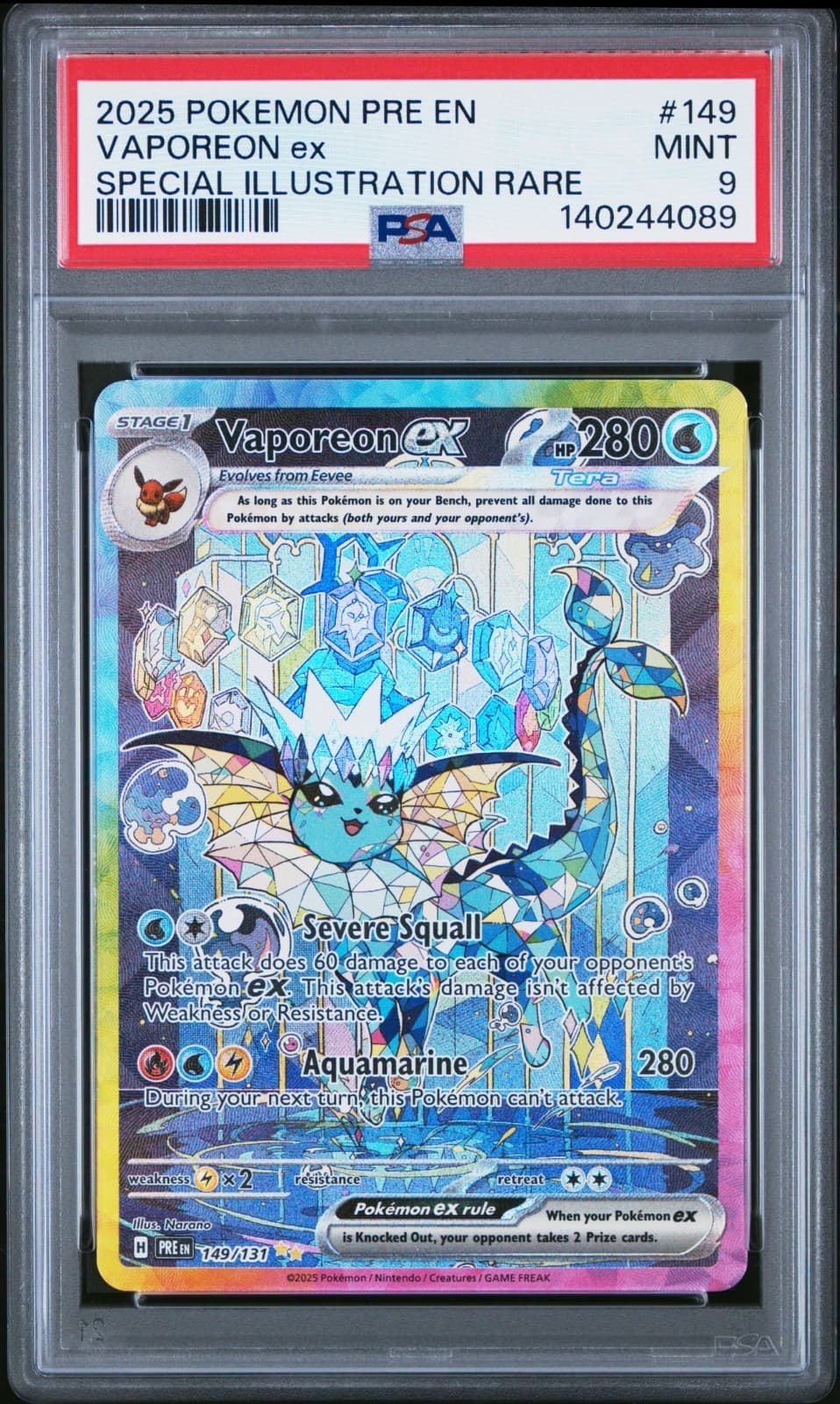 2025 POKEMON PRE EN-PRISMATIC EVOLUTIONS SIR VAPOREON EX HOLO 149/131 PSA 9