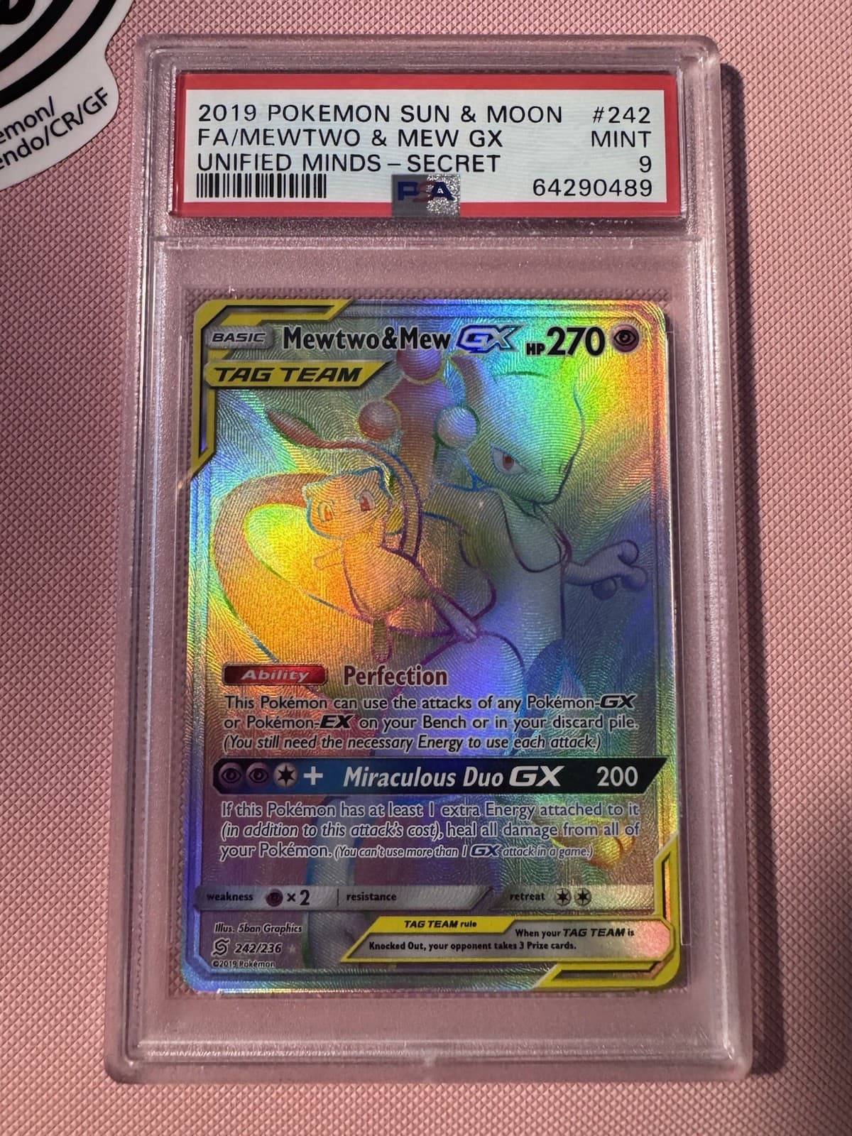 Mewtwo & Mew Gx 242/236 # 242 Secret Unified Minds Pokemon PSA 9 Rainbow
