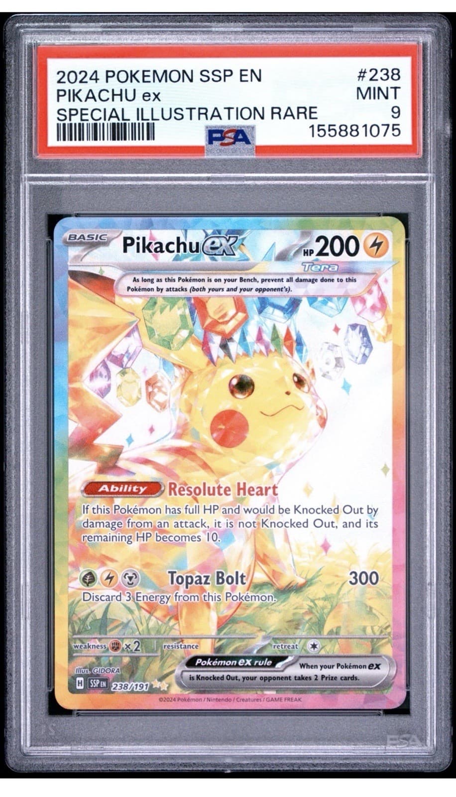 Pokemon 2024 SV08 Surging Sparks Pikachu ex 238/191 SIR Holo EN PSA 9