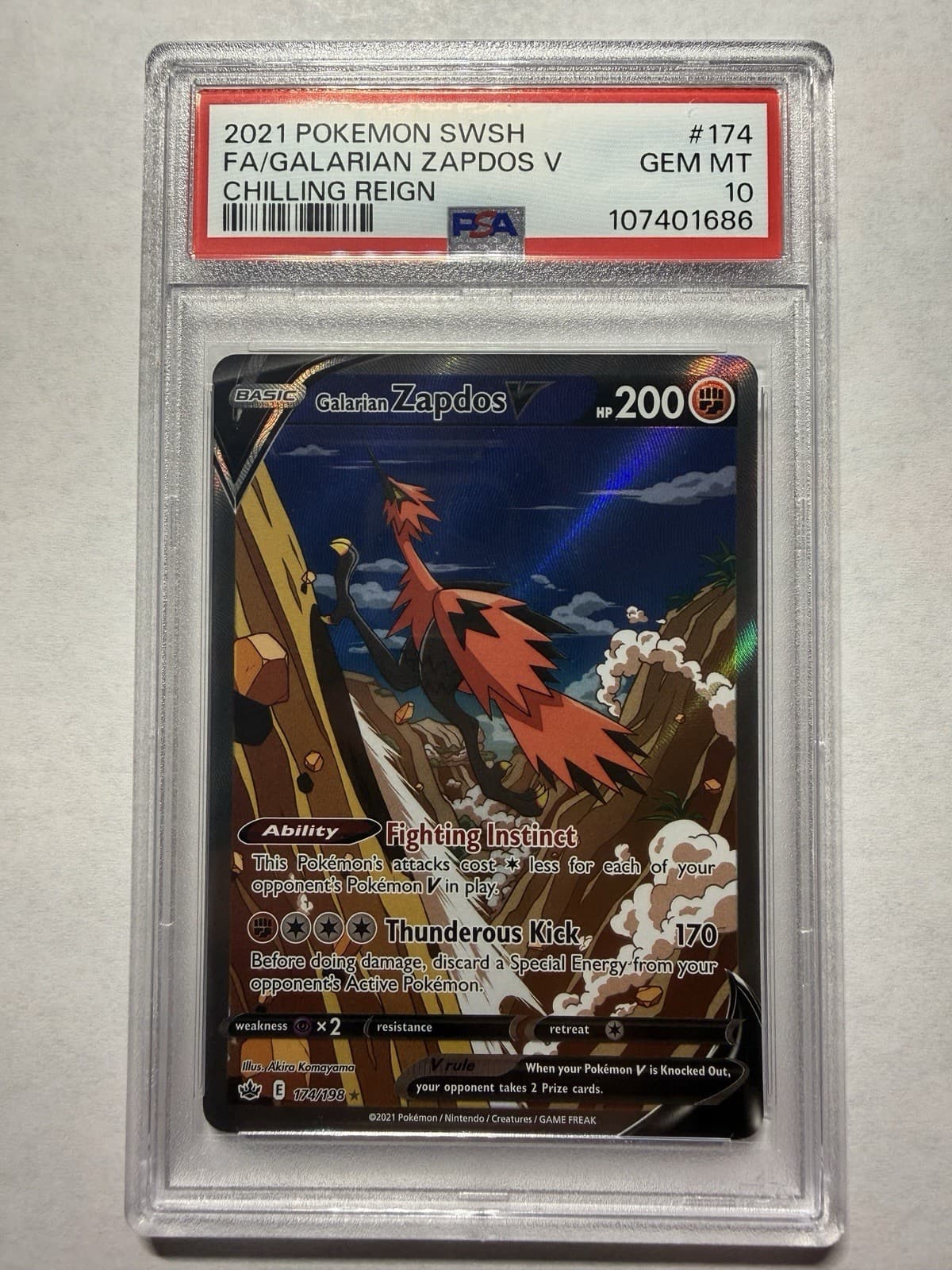 Pokemon Card: PSA 10 Galarian Zapdos V 174/198 Sword & Shield - Chilling Reign