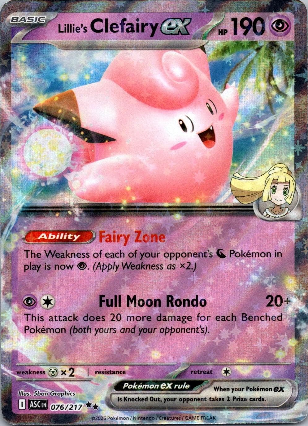 Lillie's Clefairy ex 076/217 Double Rare Ascended Heroes Pokemon Holo Near Mint