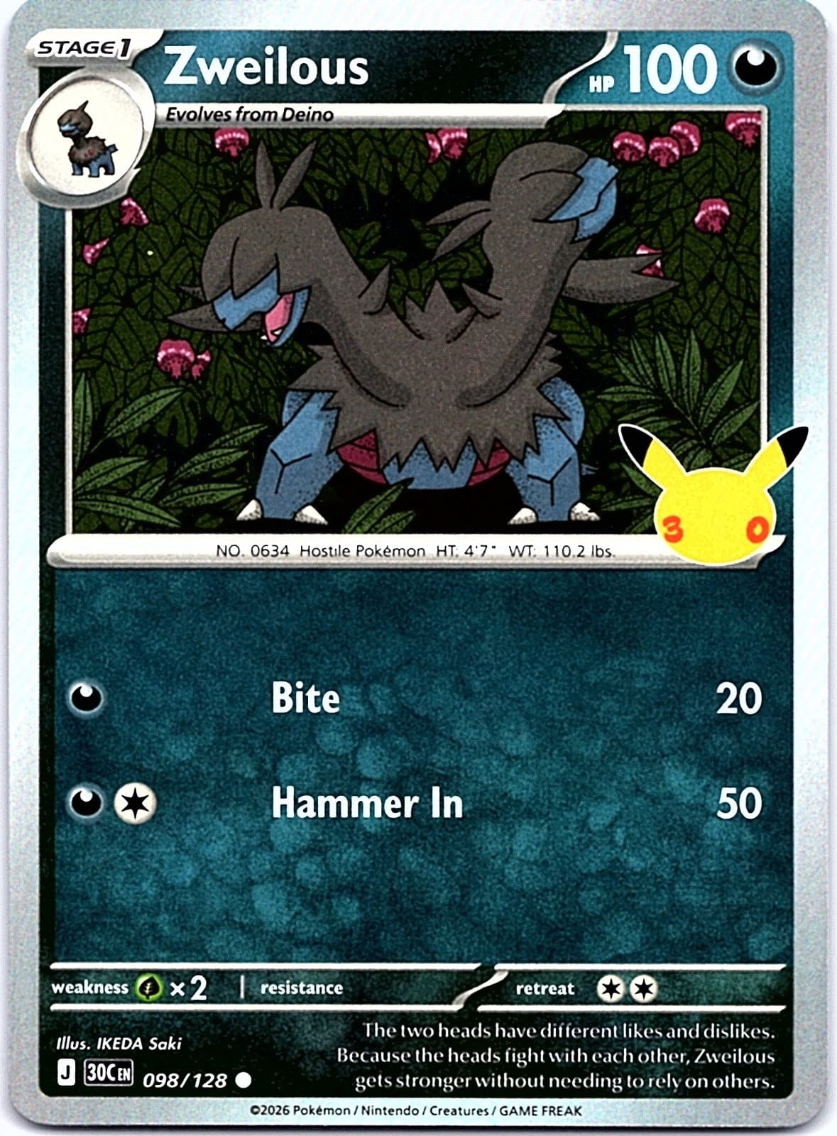 Zweilous Holo Common ME: 30th Celebration 098/128 NM ((Pokemon))