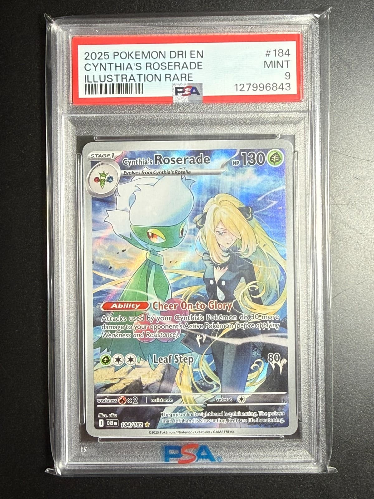 2025 POKEMON DRI DESTINED RIVALS ILLUSTRATION RARE CYNTHIA'S ROSERADE #184 PSA 9