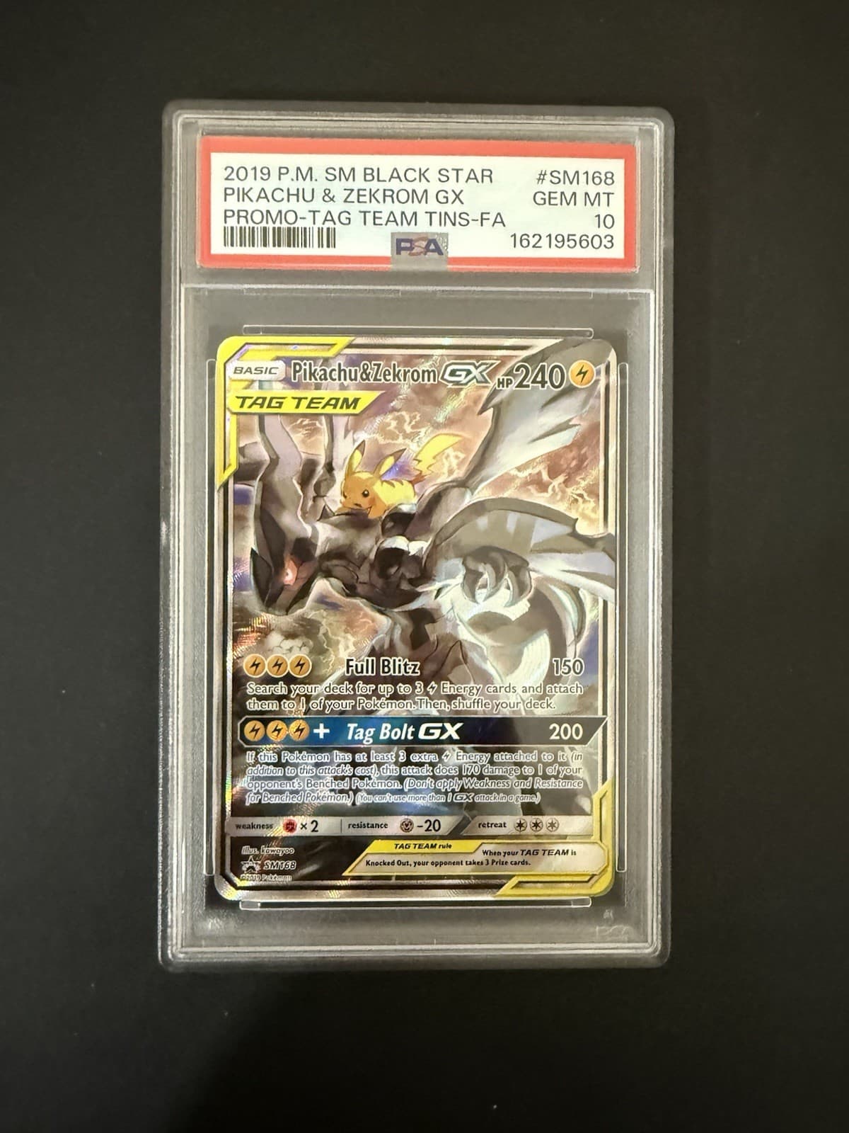 2019 POKEMON SM BLACK STAR PROMO #SM168 FULL ART PIKACHU & ZEKROM GX PSA 10