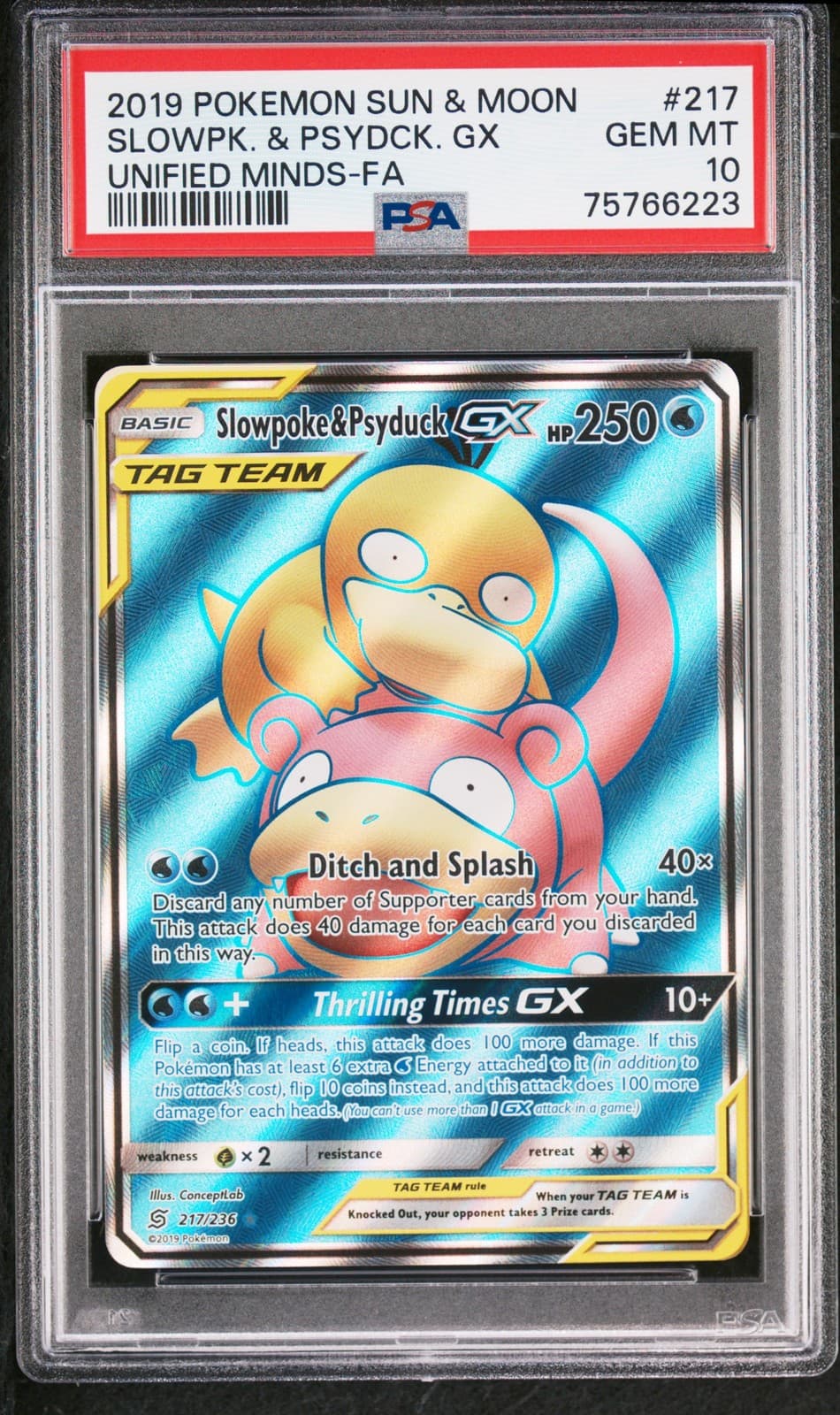 2019 POKEMON SUN & MOON UNIFIED MINDS #217 FULL ART/SLOWPOKE & PSYDUCK GX PSA 10