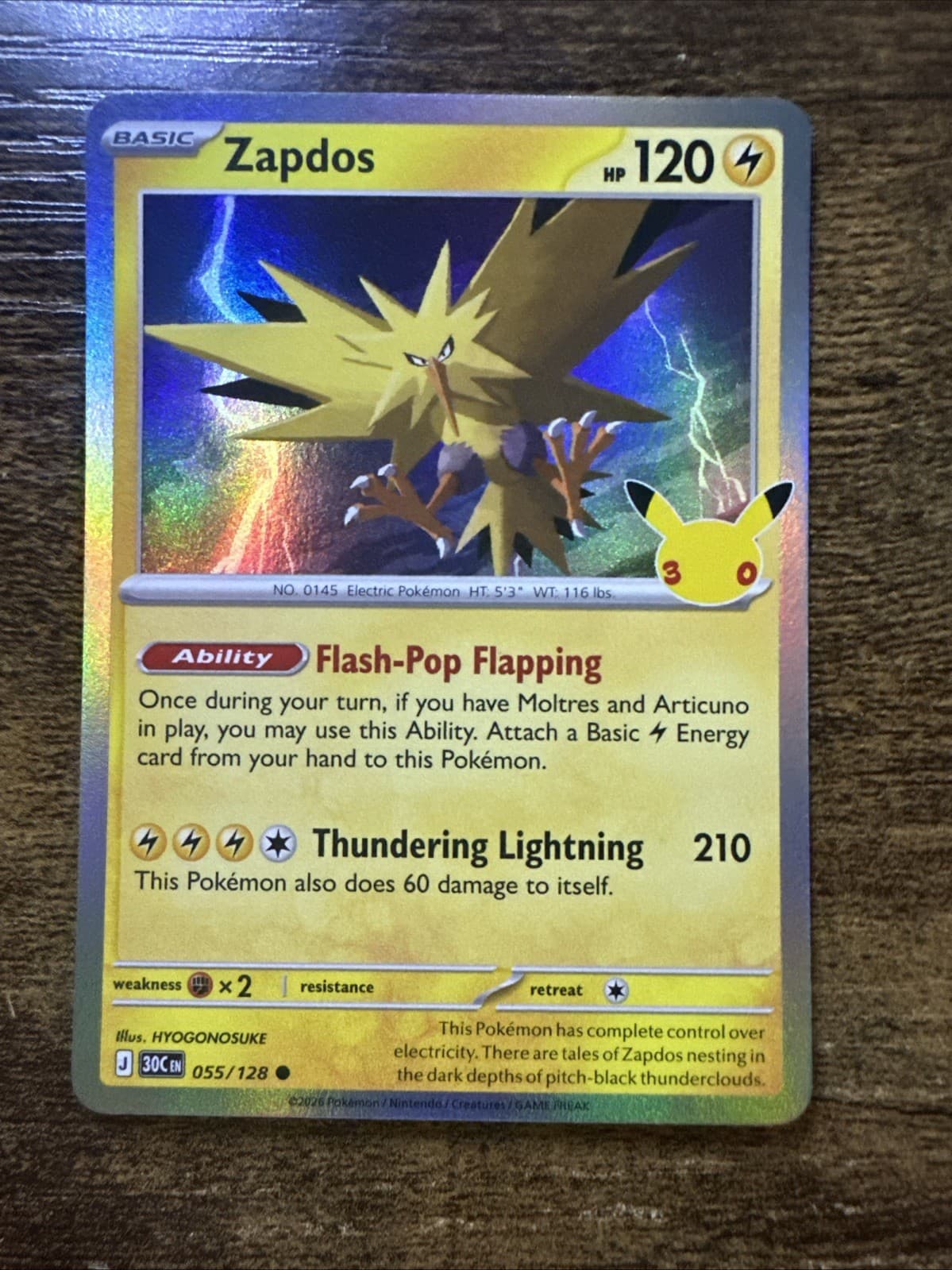 Zapdos 055/128, 30th Anniversary Celebration, Common Holo, Pokemon TCG, NM