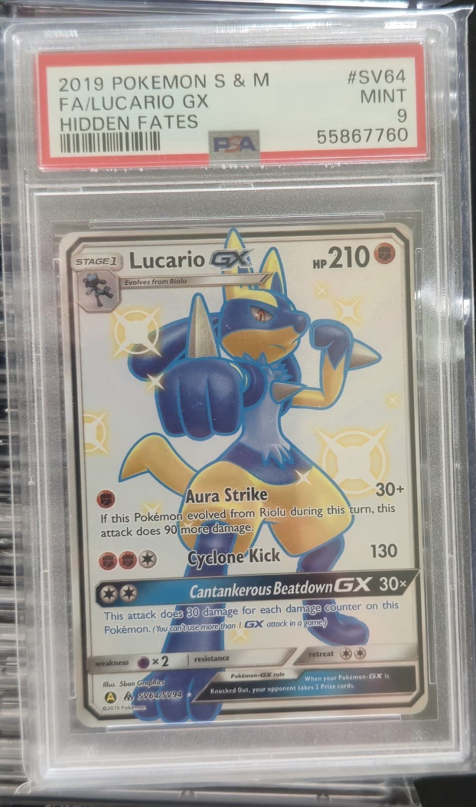2019 Pokemon Sun & Moon FA/Lucario GX Hidden Fates #SV64 (PSA 9)