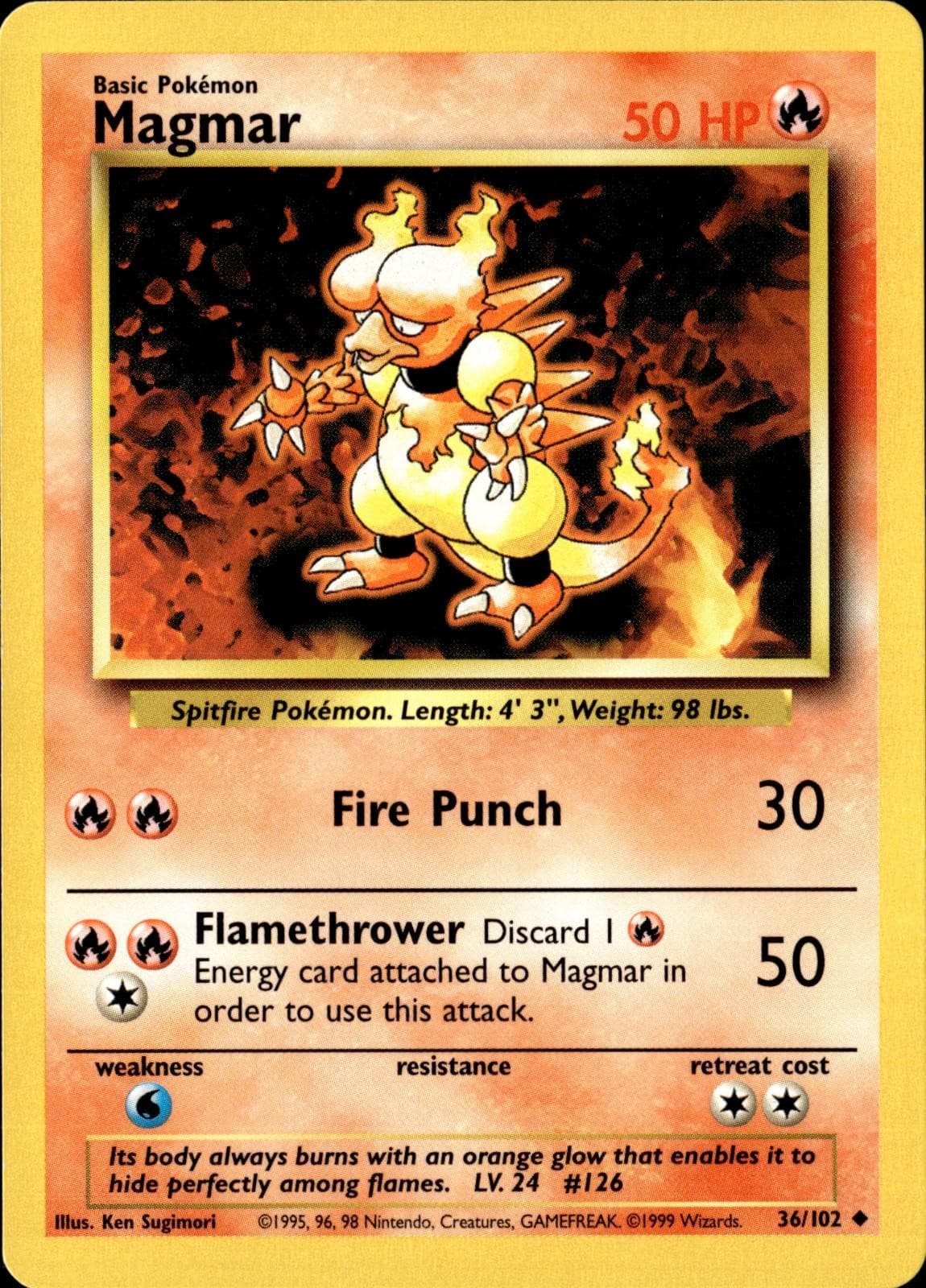 Magmar 36/102 Uncommon Base Set Unlimited Pokemon Lightly Played