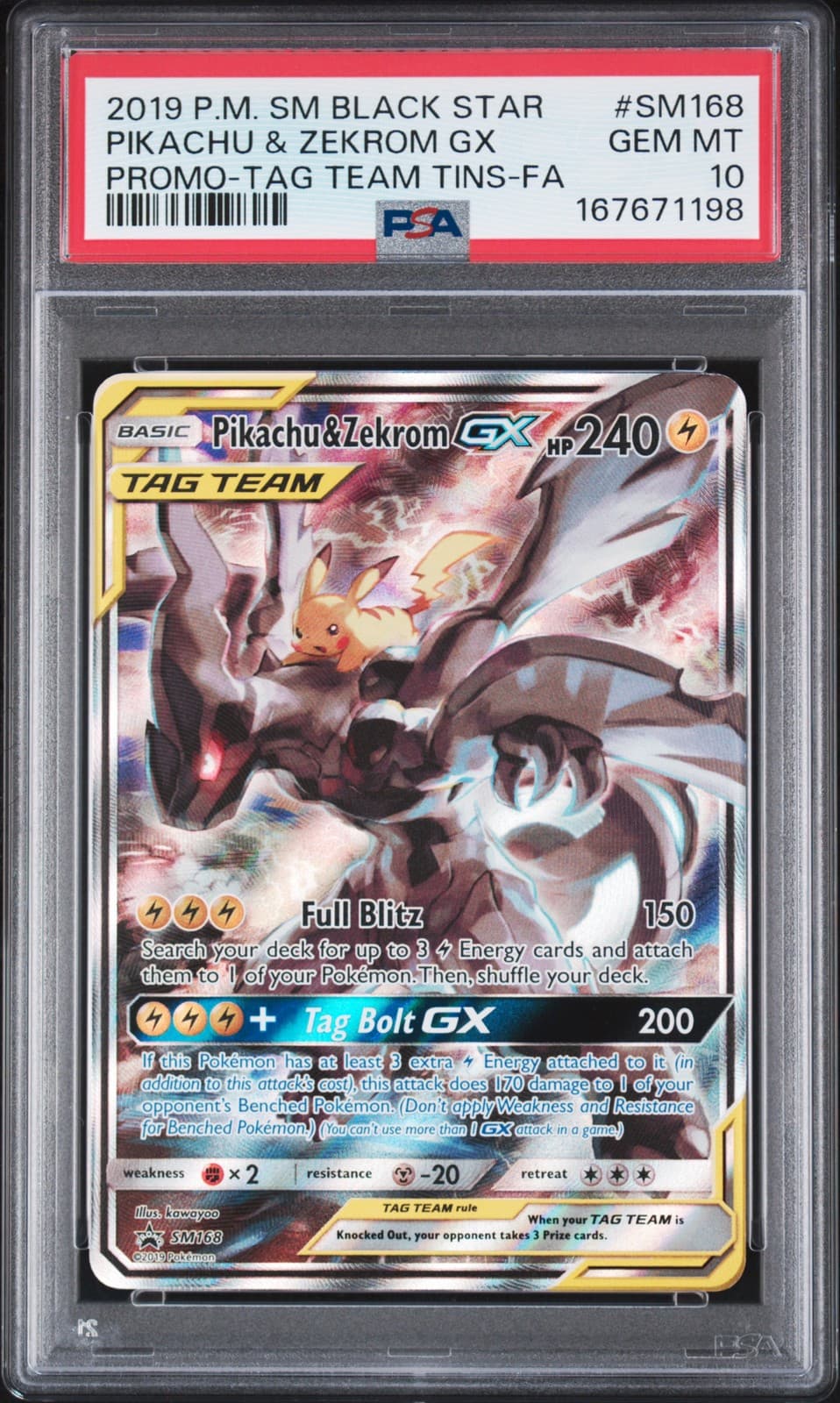 2019 POKEMON SM BLACK STAR PROMO #SM168 FULL ART/PIKACHU & ZEKROM GX PSA 10