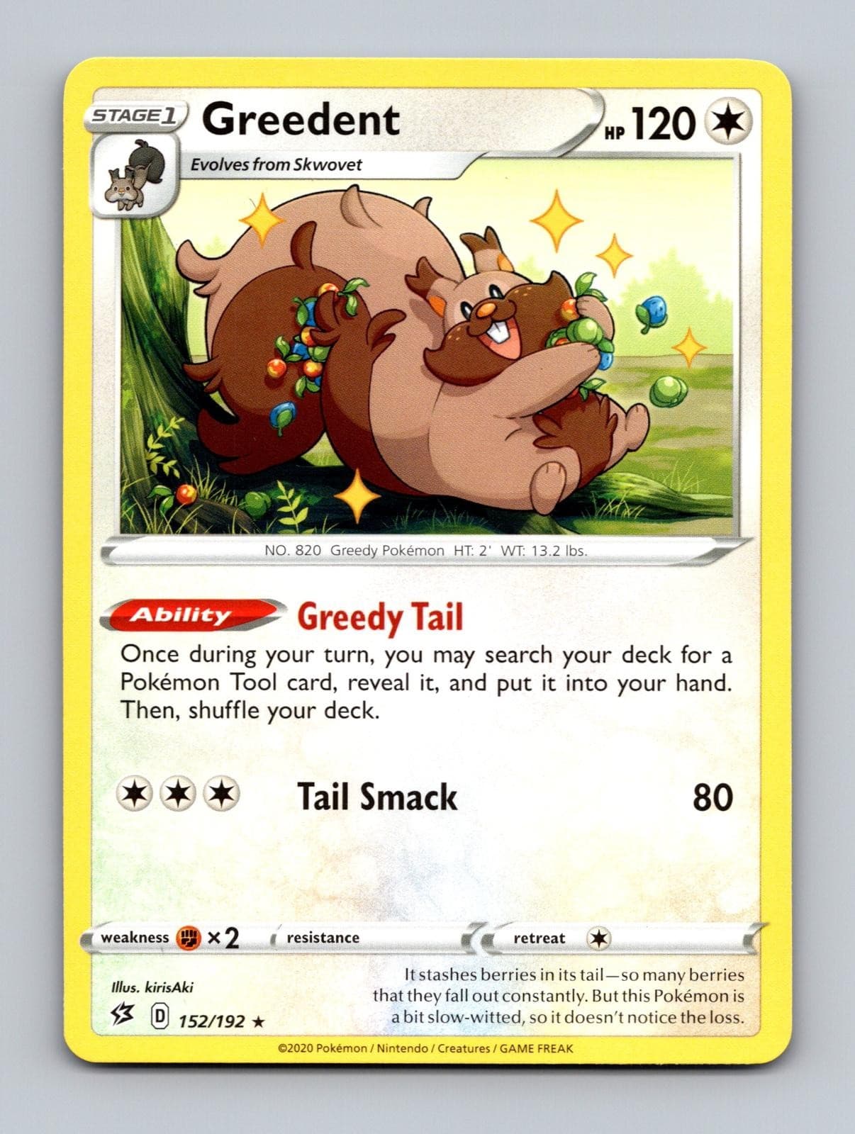 Greedent 152/192 Rare Rebel Clash Pokemon Lightly Played