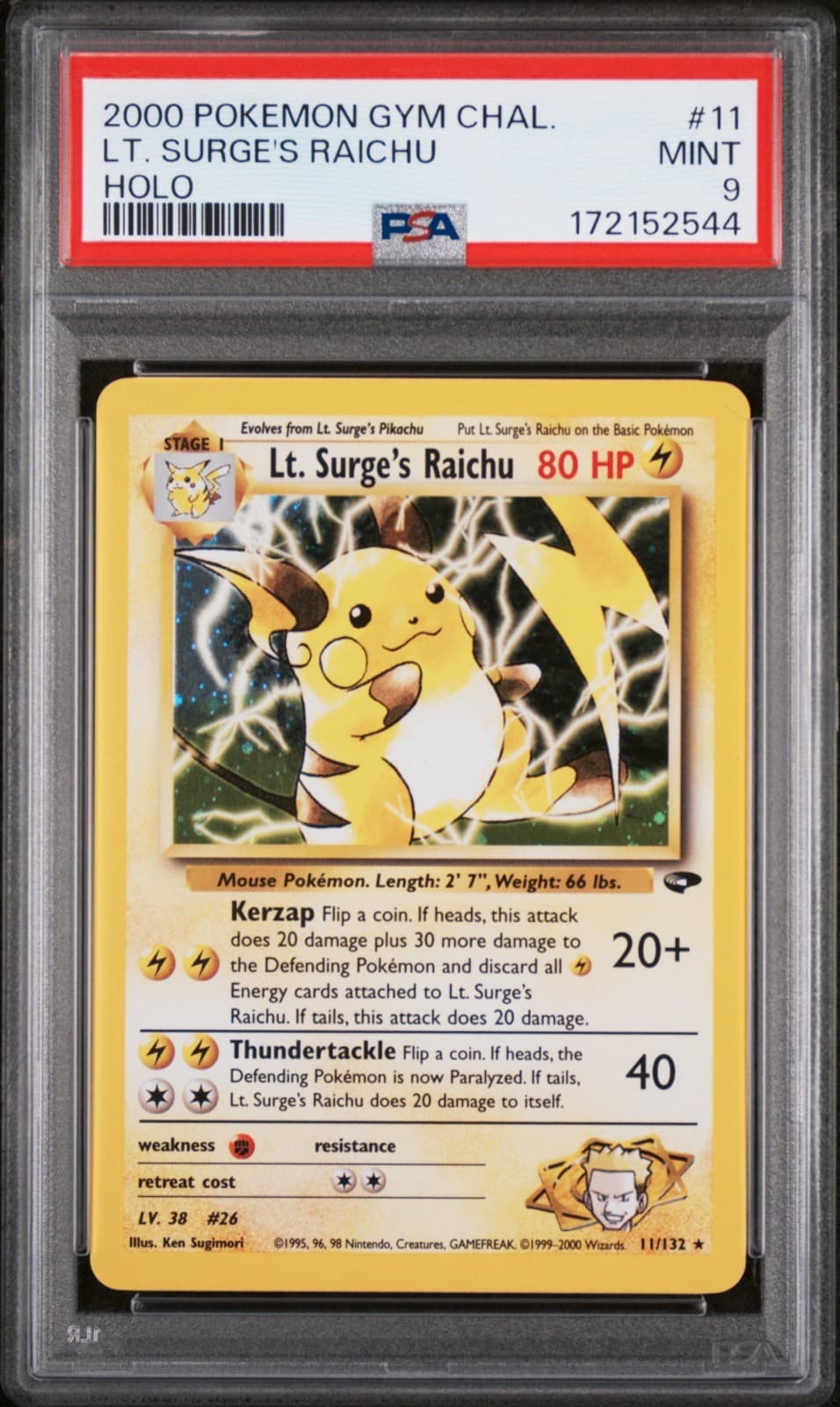 Pokemon Card Lt. Surge's Raichu 11/132 Holo Foil Gym Challenge PSA 9 MINT