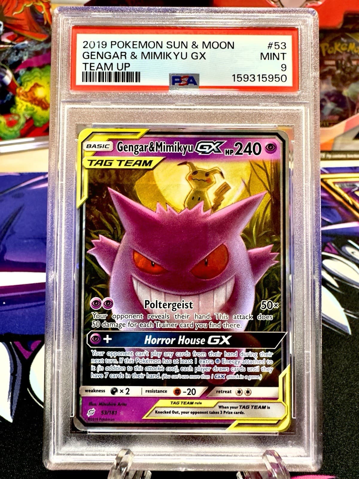 2019 POKEMON SUN & MOON TEAM UP #53 GENGAR & MIMIKYU GX PSA 9