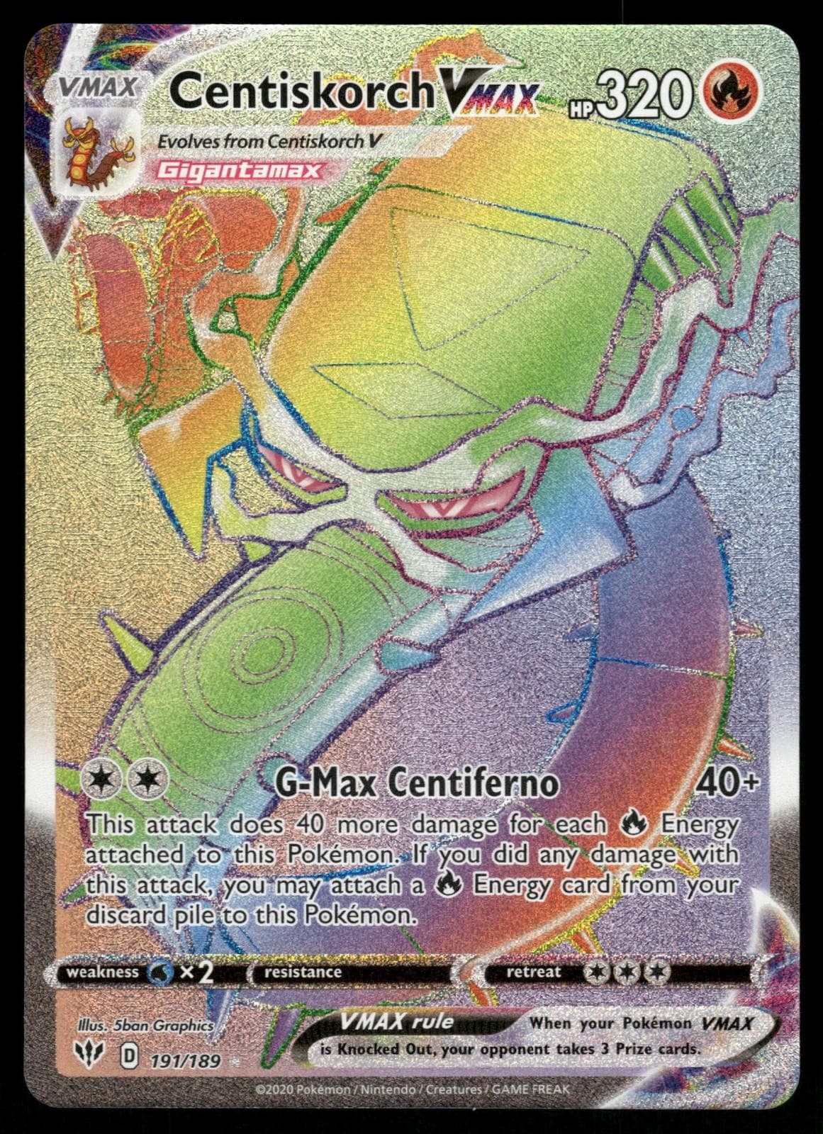 Centiskorch VMAX 191/189 Rainbow Rare Darkness Ablaze Pokemon Holo Near Mint