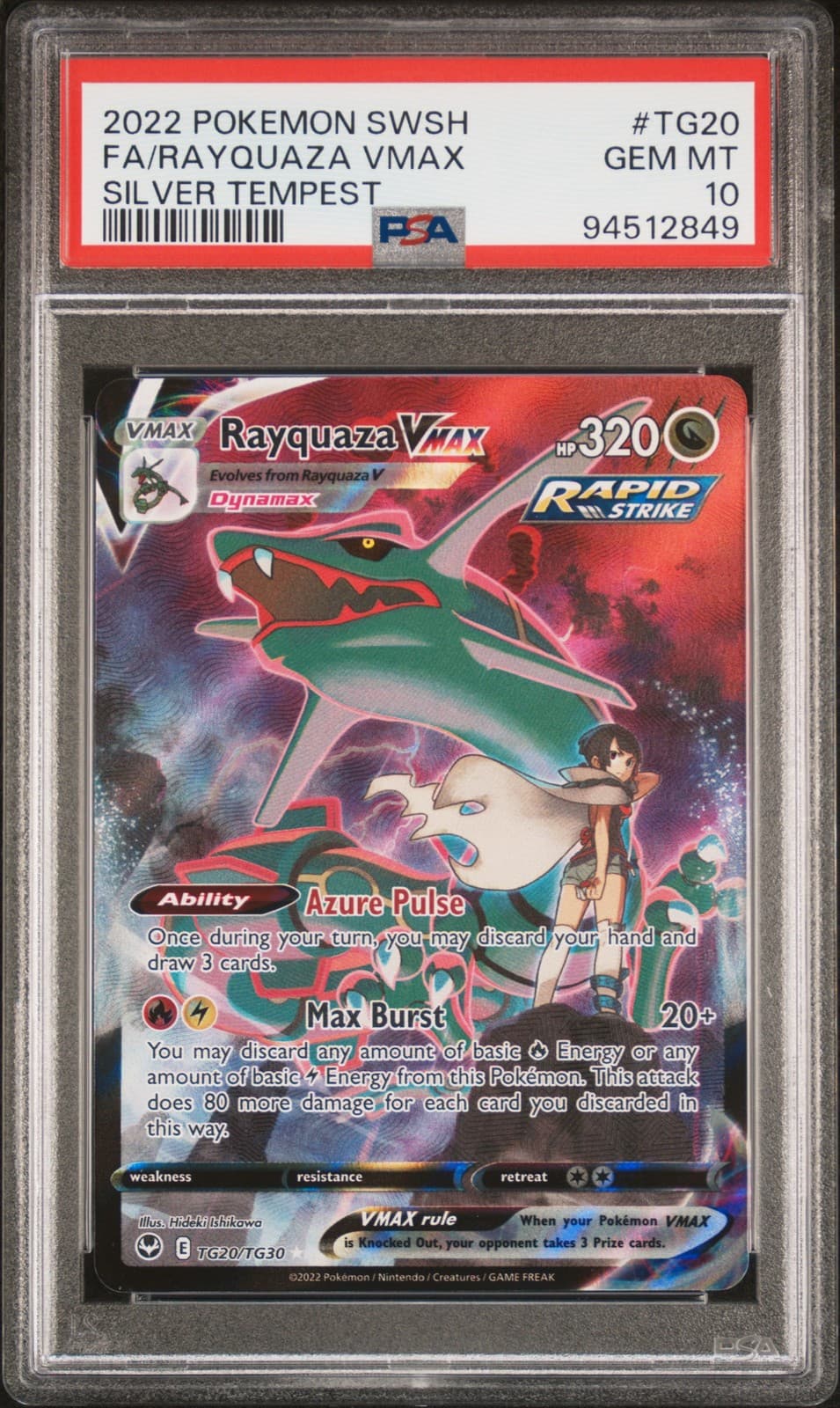 2022 POKEMON SWORD & SHIELD SILVER TEMPEST #TG20 FULL ART/RAYQUAZA VMAX PSA 10
