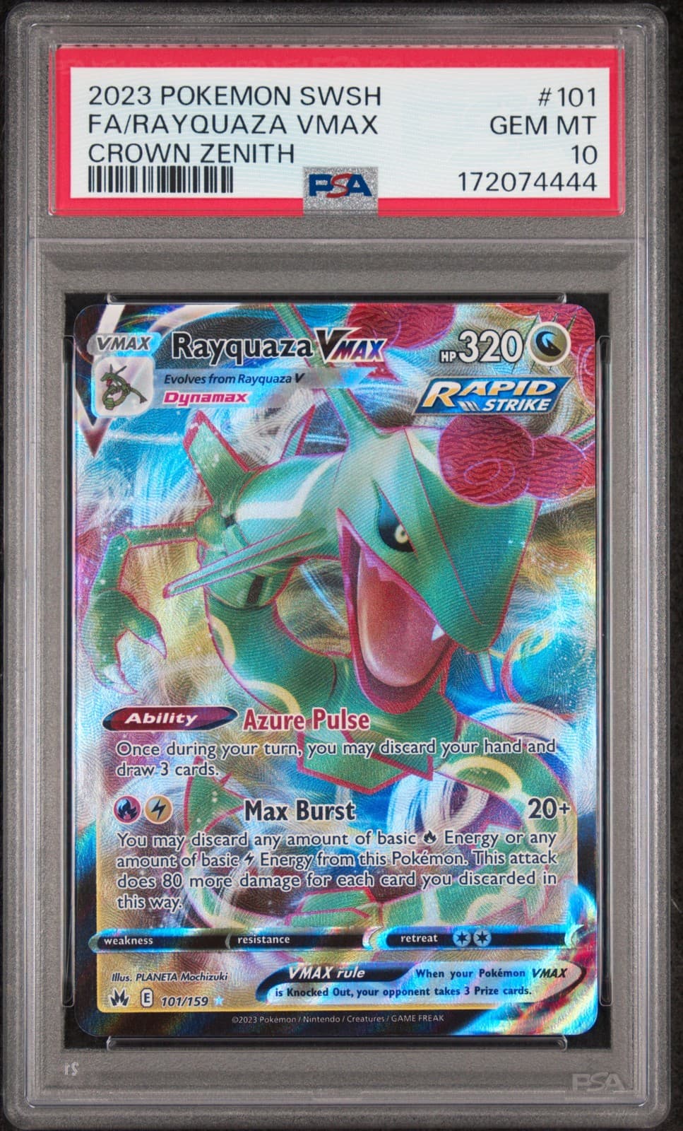 2023 POKEMON SWORD & SHIELD CROWN ZENITH #101 FULL ART/RAYQUAZA VMAX PSA 10