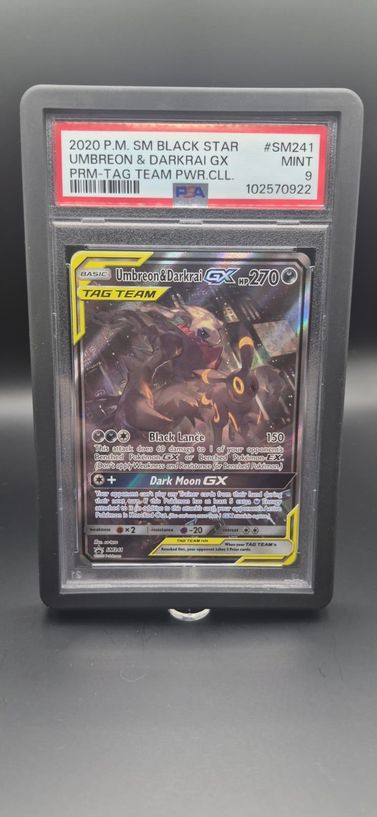 2020 POKEMON SM BLACK STAR PROMO #SM241 UMBREON & DARKRAI GX PSA 9