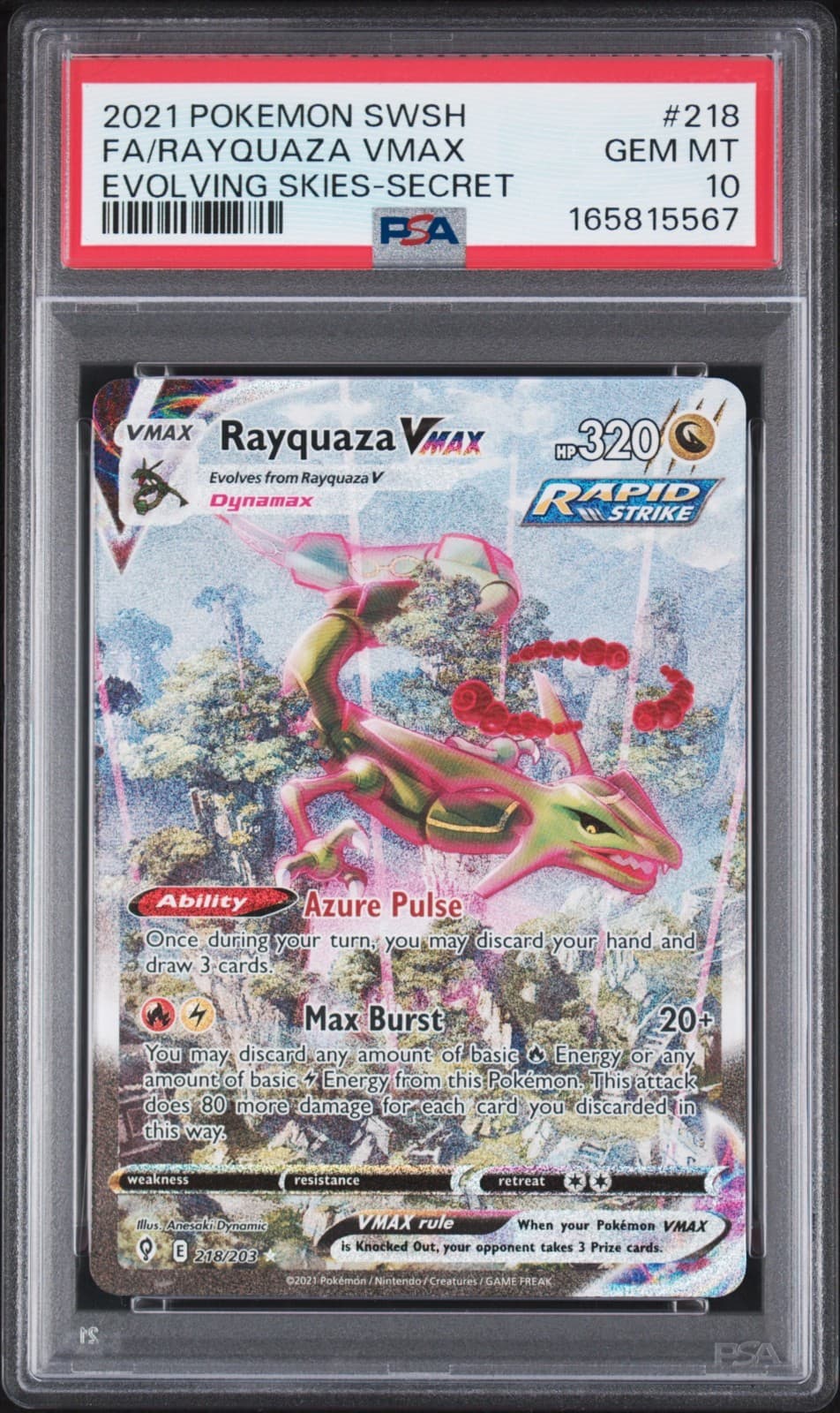 2021 Pokemon Evolving Skies Rayquaza VMAX 218/203 Alt Art PSA 10 GEM MINT