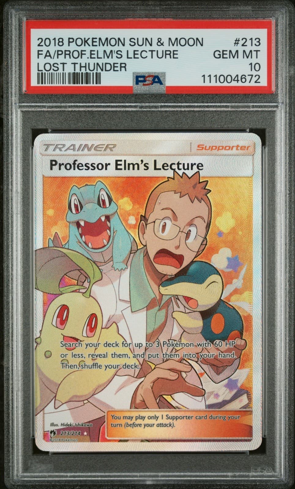 2018 POKEMON S&M LOST THUNDER #213/214 PROFESSOR ELM'S LECTURE FULL ART PSA 10