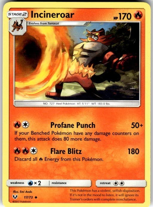 Incineroar 17/73 Uncommon Shining Legends Pokemon Near Mint
