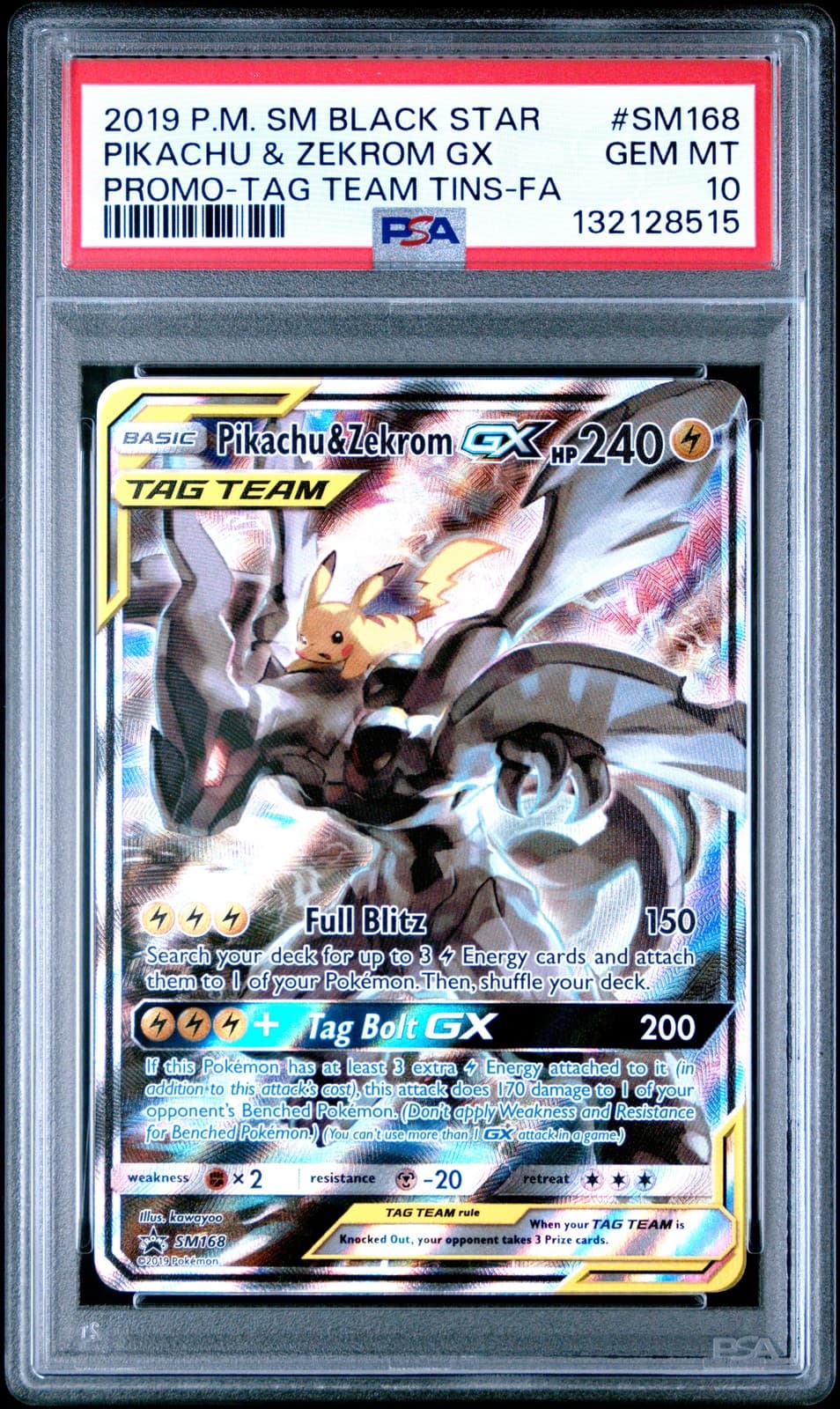 2019 POKEMON SM BLACK STAR PROMO #SM168 FULL ART/PIKACHU & ZEKROM GX PSA 10