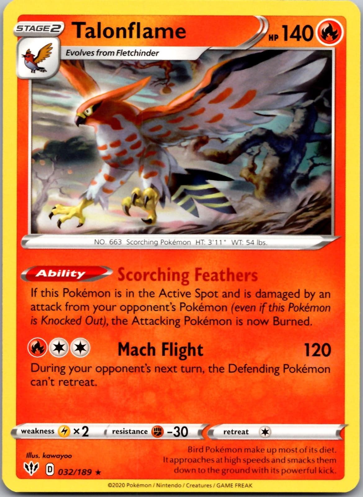 Talonflame 032/189 Rare Darkness Ablaze Pokemon Near Mint