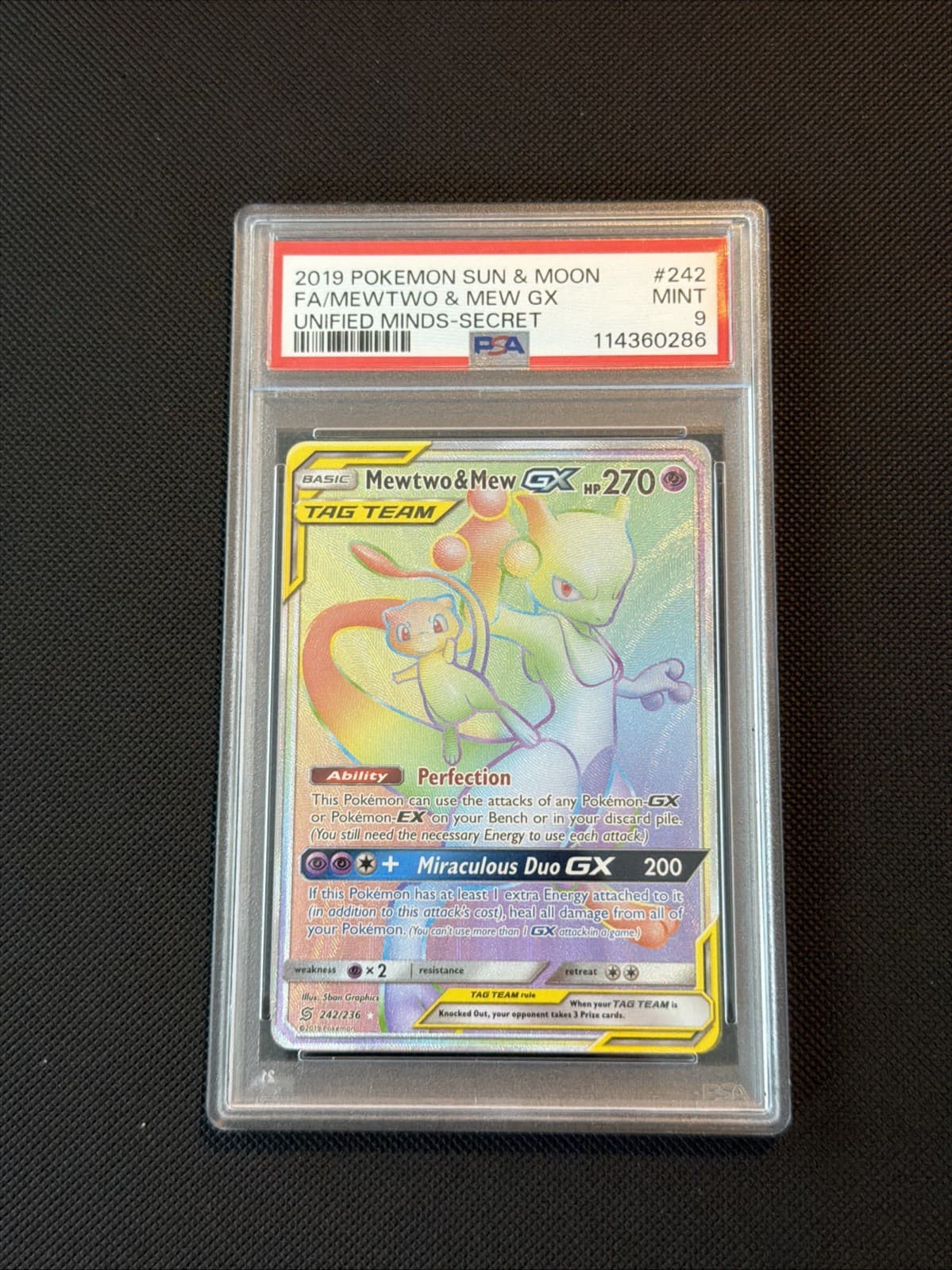 🌈 2019 MEWTWO & MEW GX 242/236 RAINBOW Tag Team UNIFIED MINDS POKEMON PSA 9