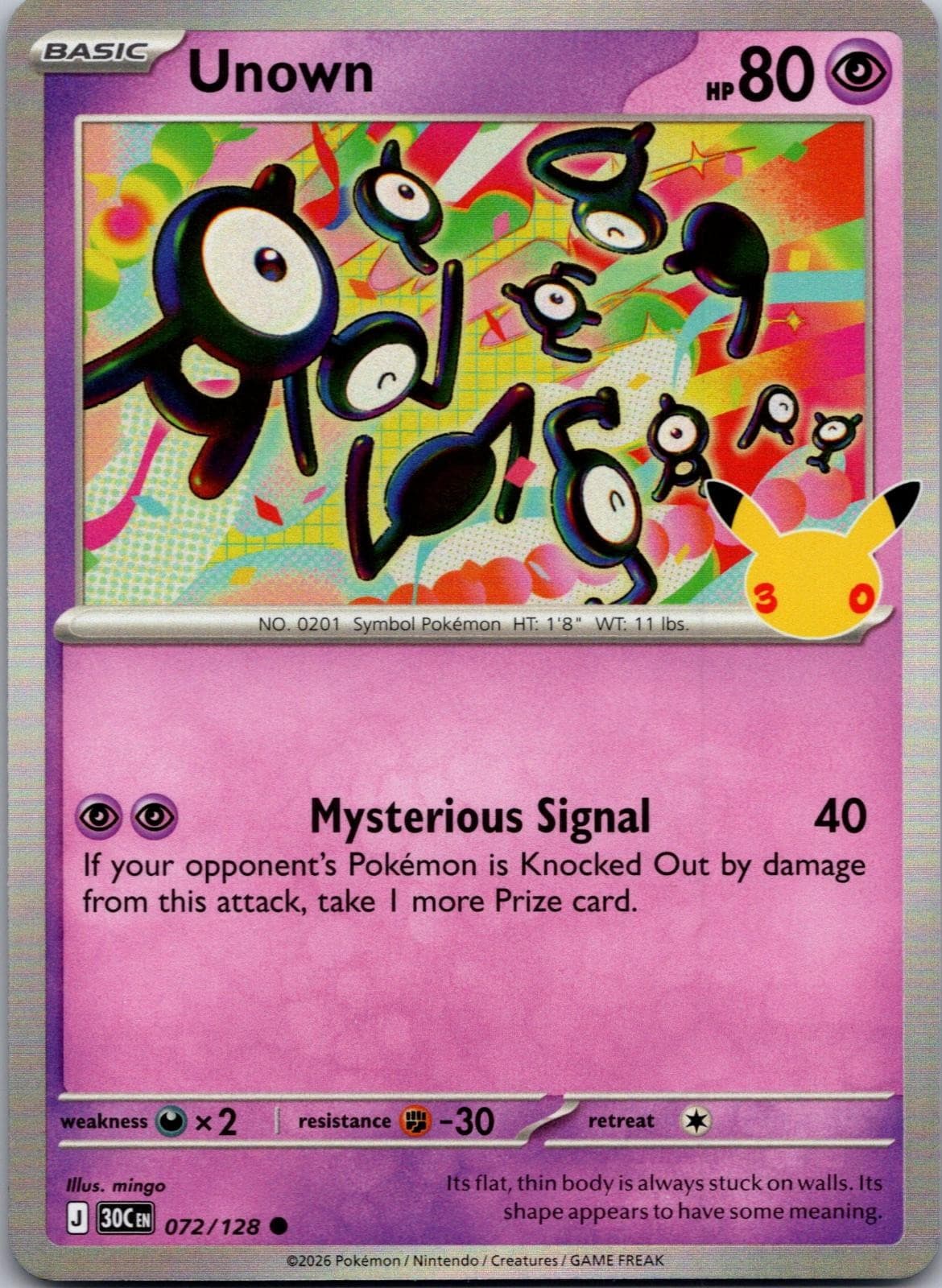 Unown Holo ME: 30th Celebration 072/128 NM Pokemon